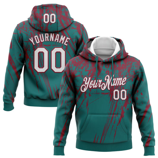 Custom Stitched Teal White-Crimson 3D Pattern Design Splash Grunge Art Sports Pullover Sweatshirt Hoodie - Main View