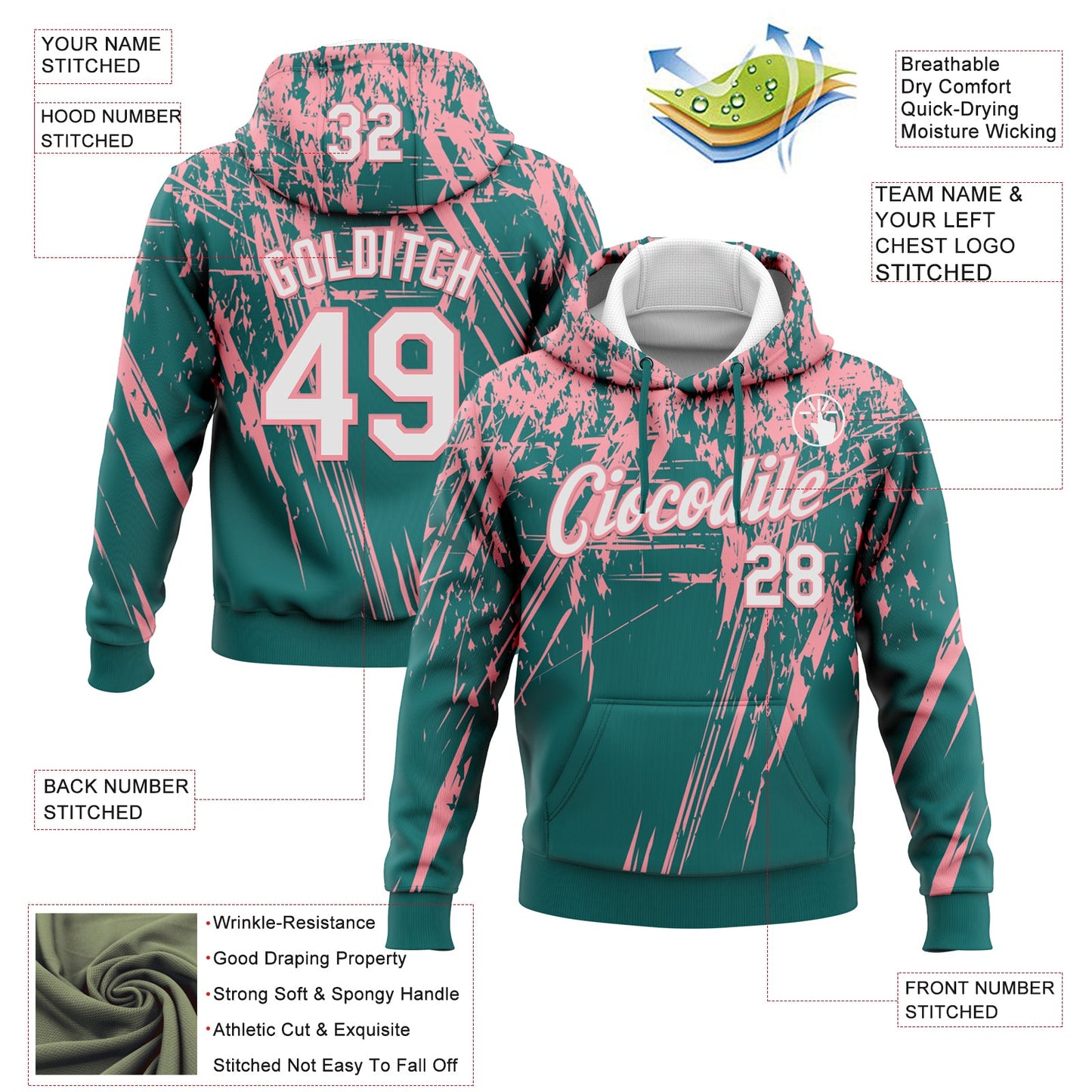 Custom Stitched Teal White-Medium Pink 3D Pattern Design Splash Grunge Art Sports Pullover Sweatshirt Hoodie view 2