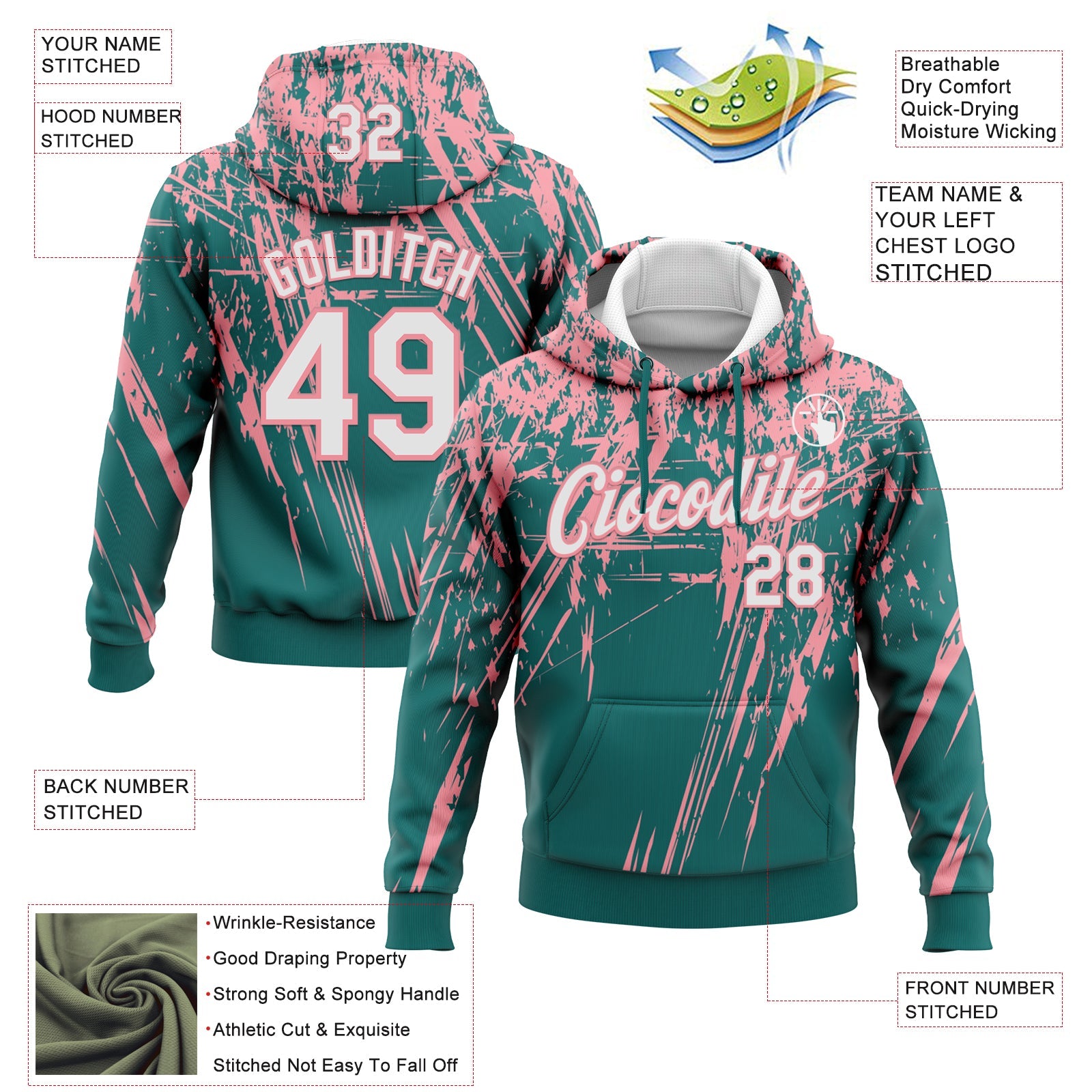 Custom Stitched Teal White-Medium Pink 3D Pattern Design Splash Grunge Art Sports Pullover Sweatshirt Hoodie view 2