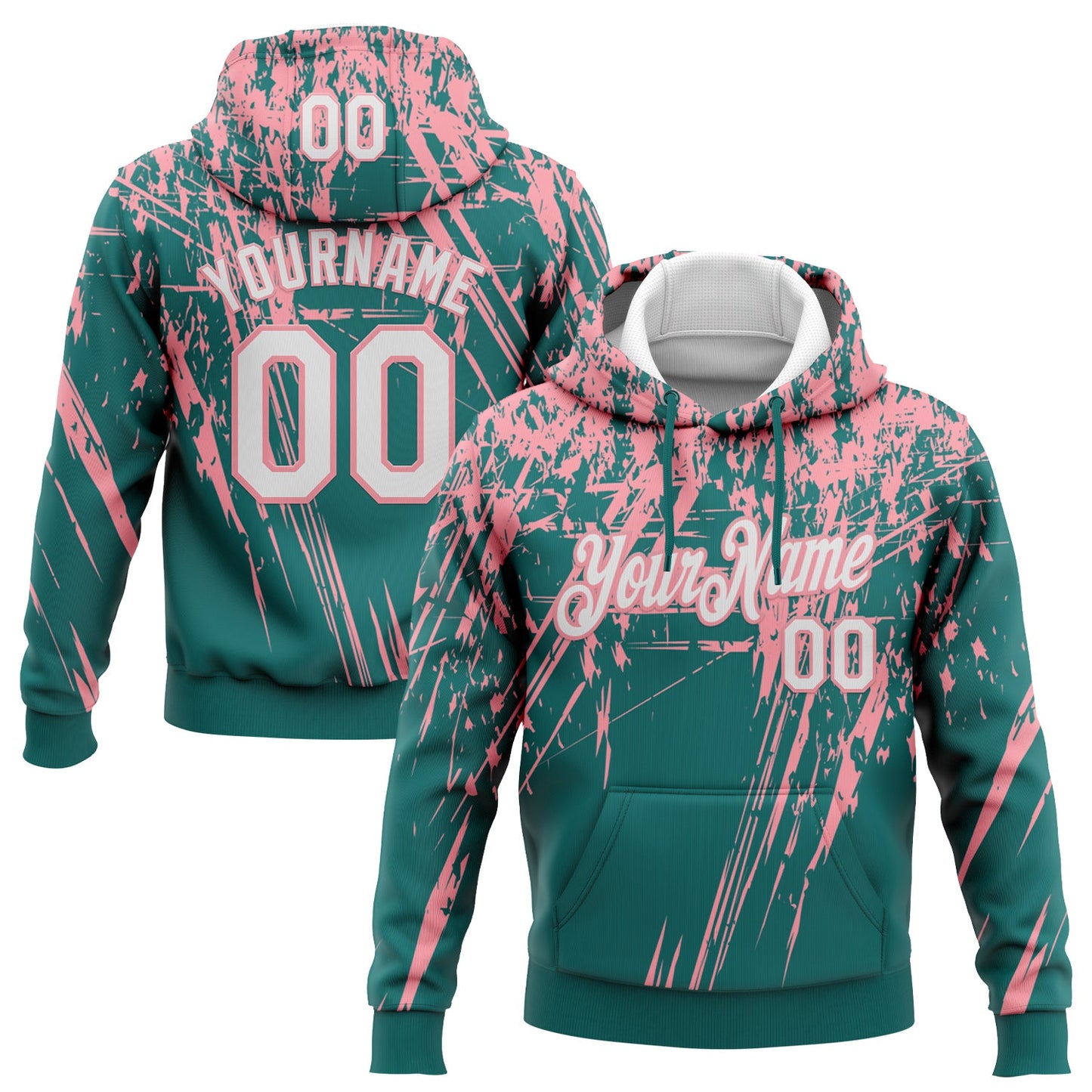 Custom Stitched Teal White-Medium Pink 3D Pattern Design Splash Grunge Art Sports Pullover Sweatshirt Hoodie - Main View