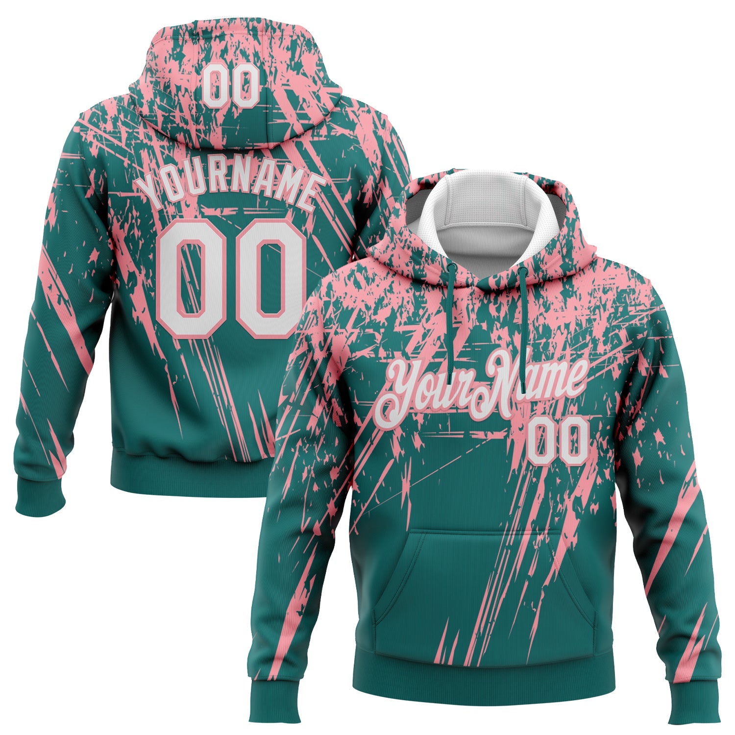 Custom Stitched Teal White-Medium Pink 3D Pattern Design Splash Grunge Art Sports Pullover Sweatshirt Hoodie - Main View