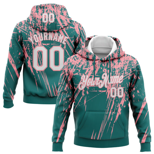 Custom Stitched Teal White-Medium Pink 3D Pattern Design Splash Grunge Art Sports Pullover Sweatshirt Hoodie - Main View