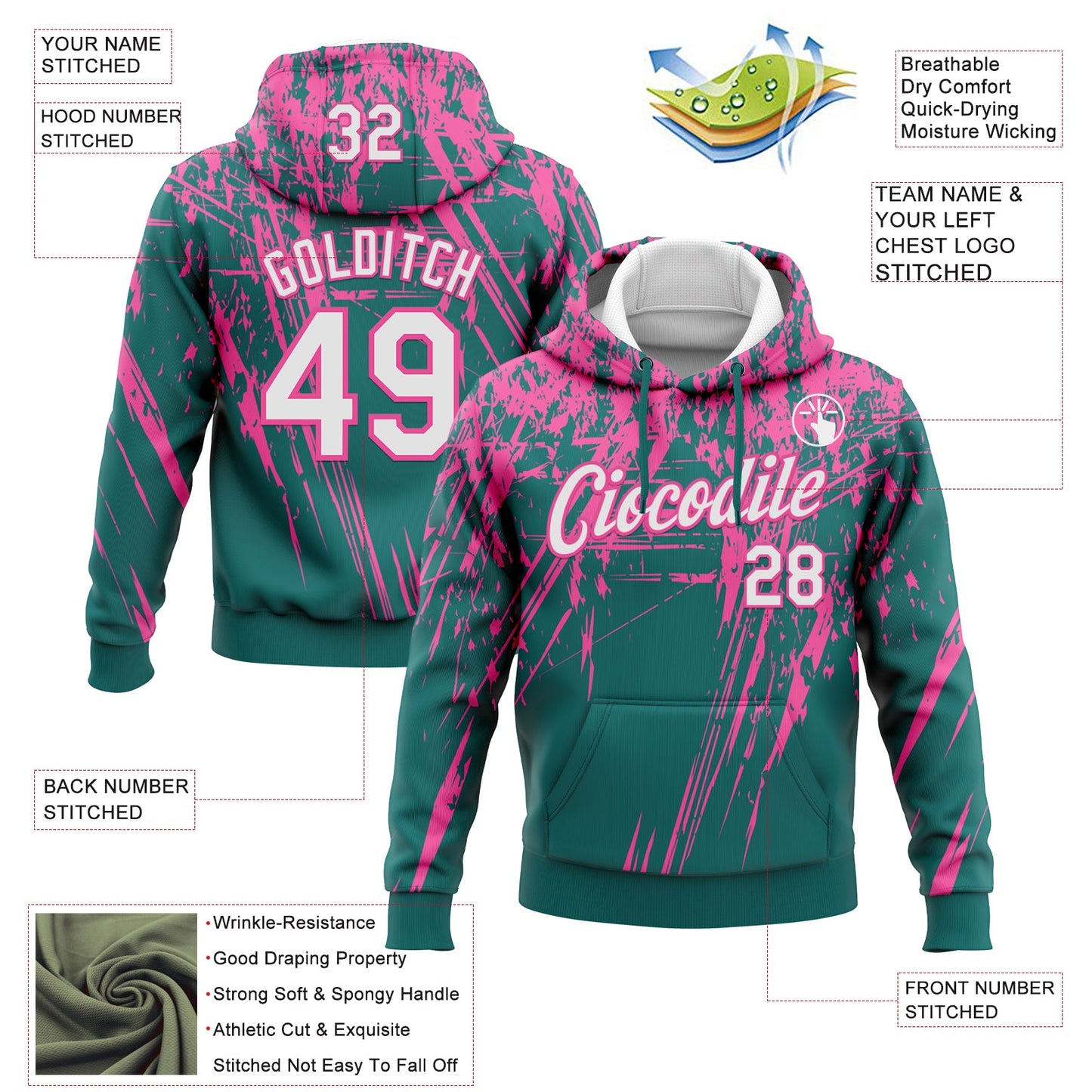 Custom Stitched Teal White-Pink 3D Pattern Design Splash Grunge Art Sports Pullover Sweatshirt Hoodie view 2