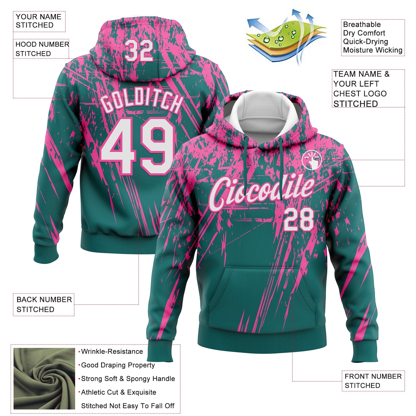 Custom Stitched Teal White-Pink 3D Pattern Design Splash Grunge Art Sports Pullover Sweatshirt Hoodie view 2