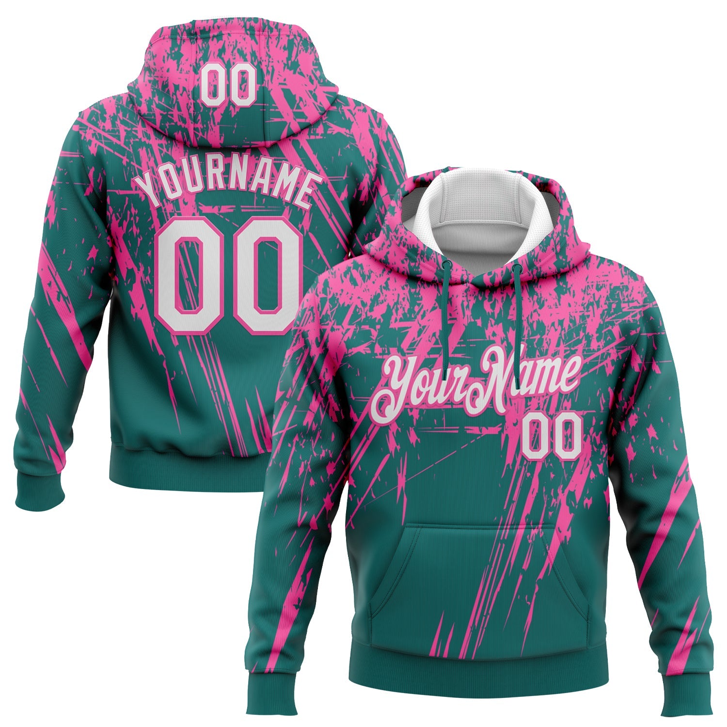 Custom Stitched Teal White-Pink 3D Pattern Design Splash Grunge Art Sports Pullover Sweatshirt Hoodie - Main View