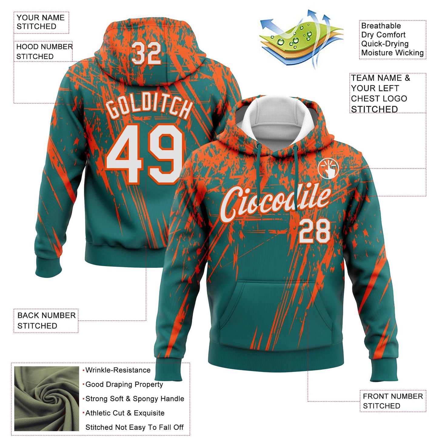 Custom Stitched Teal White-Orange 3D Pattern Design Splash Grunge Art Sports Pullover Sweatshirt Hoodie view 2