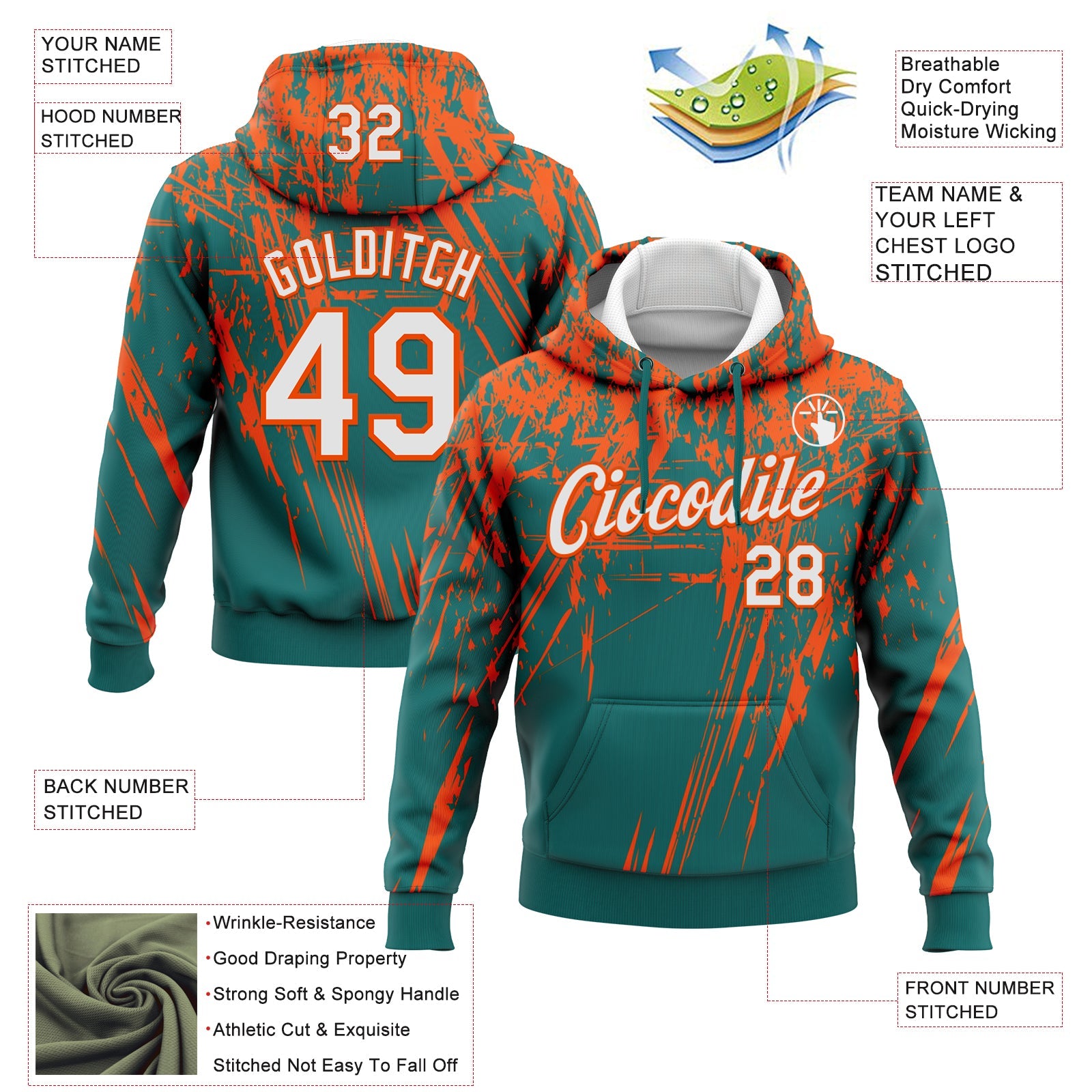 Custom Stitched Teal White-Orange 3D Pattern Design Splash Grunge Art Sports Pullover Sweatshirt Hoodie view 2