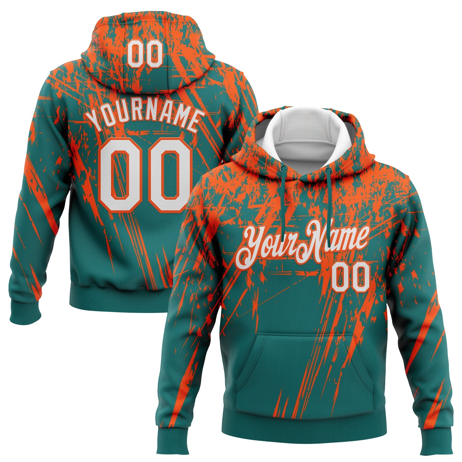 Custom Stitched Teal White-Orange 3D Pattern Design Splash Grunge Art Sports Pullover Sweatshirt Hoodie - Main View
