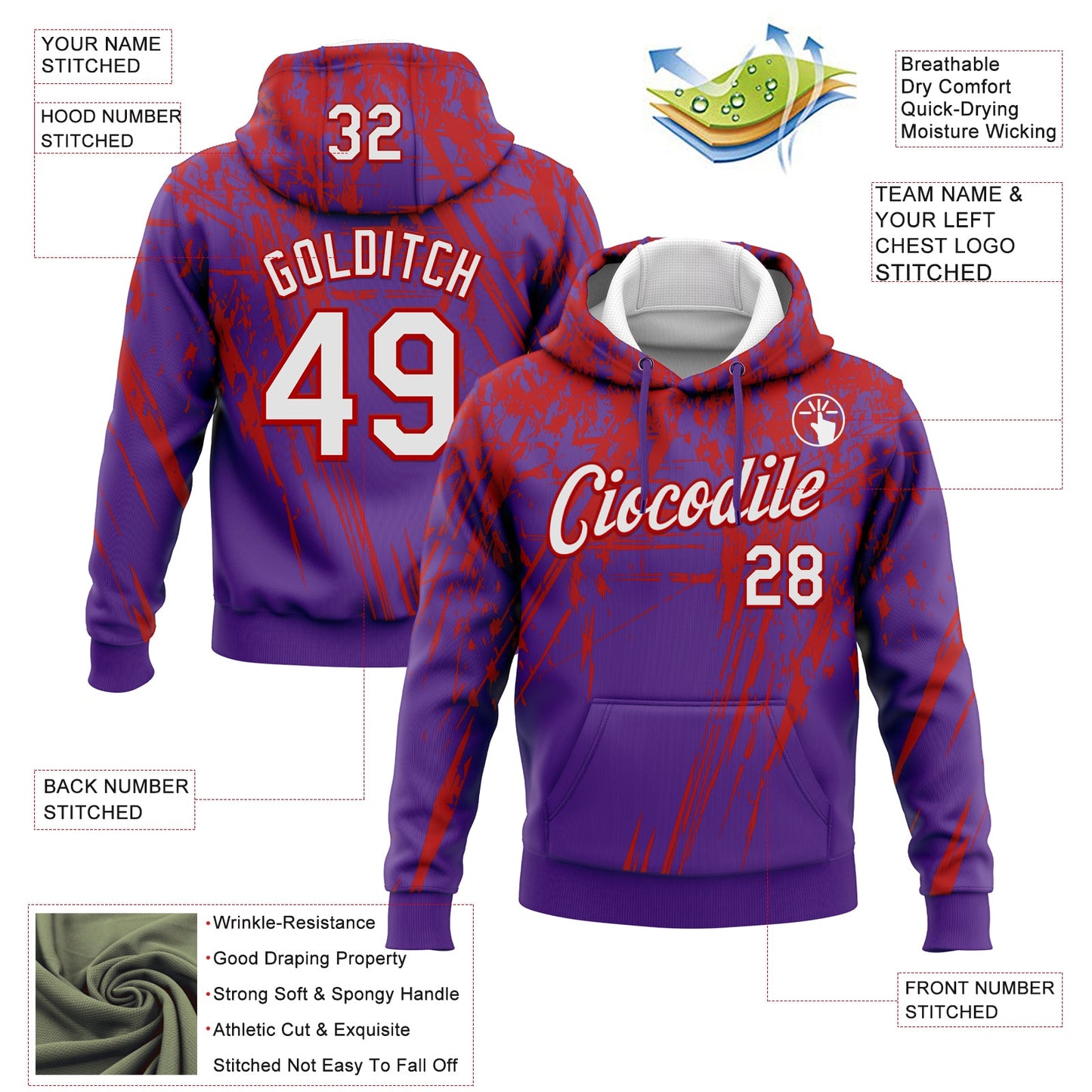 Custom Stitched Purple White-Red 3D Pattern Design Splash Grunge Art Sports Pullover Sweatshirt Hoodie view 2