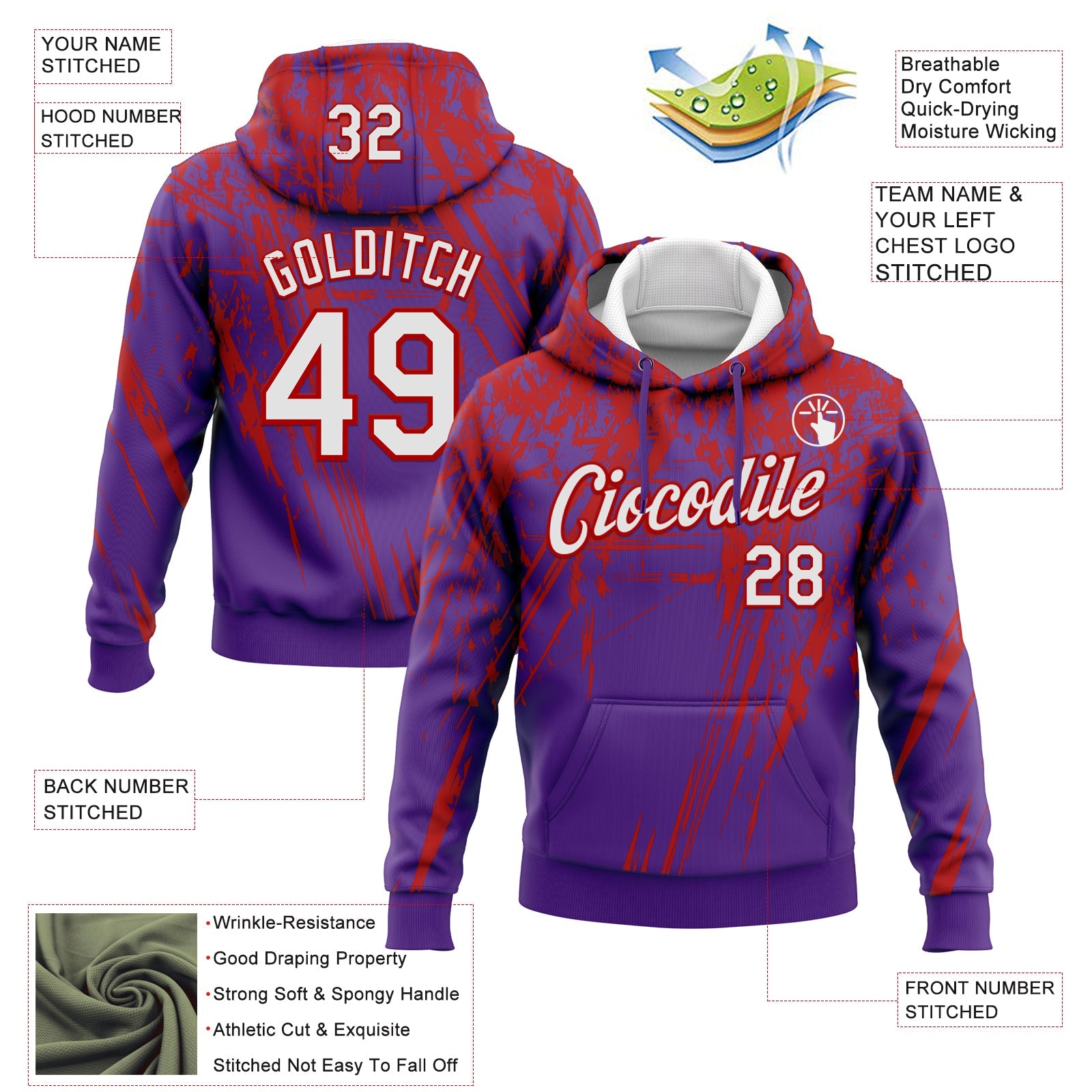 Custom Stitched Purple White-Red 3D Pattern Design Splash Grunge Art Sports Pullover Sweatshirt Hoodie view 2