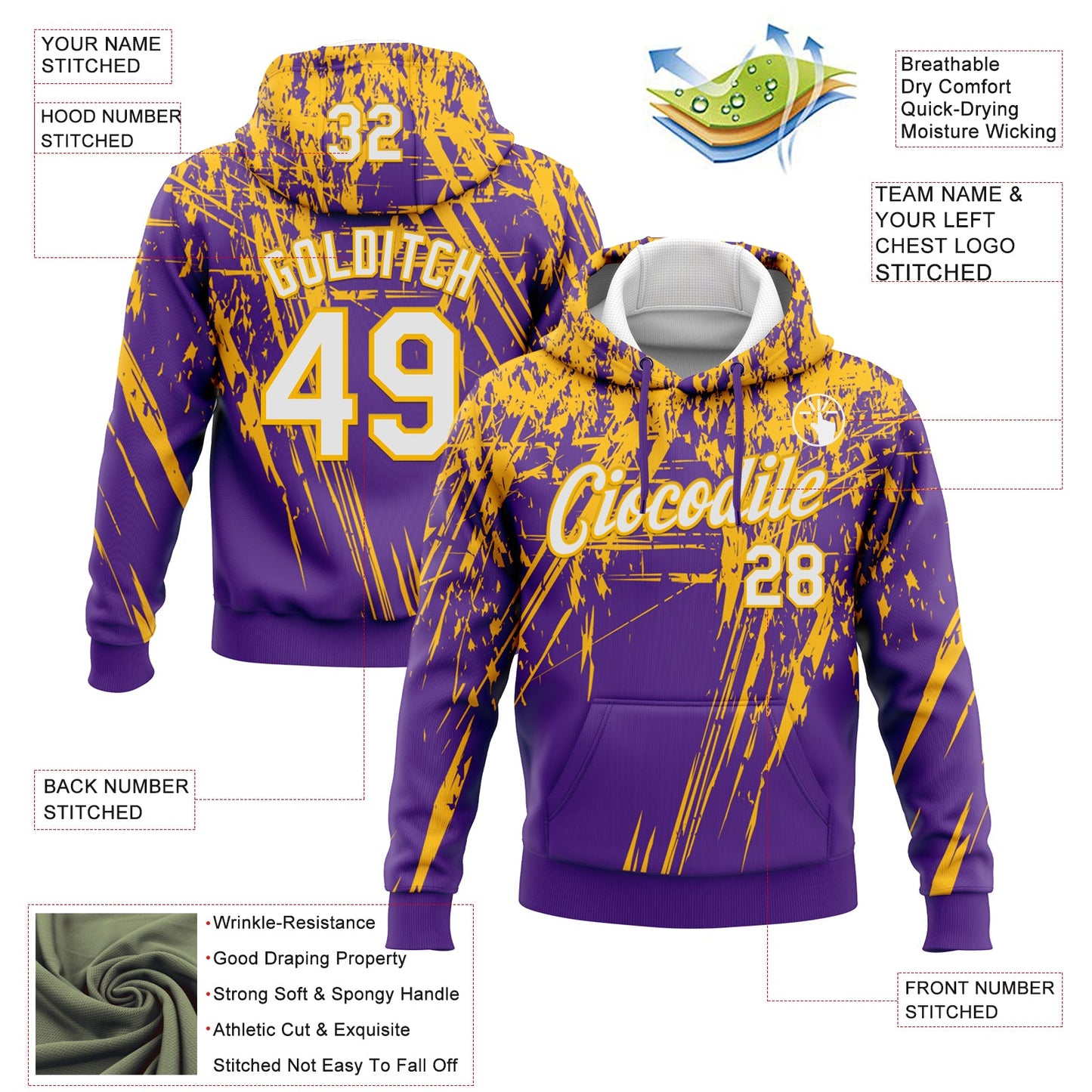 Custom Stitched Purple White-Gold 3D Pattern Design Splash Grunge Art Sports Pullover Sweatshirt Hoodie view 2