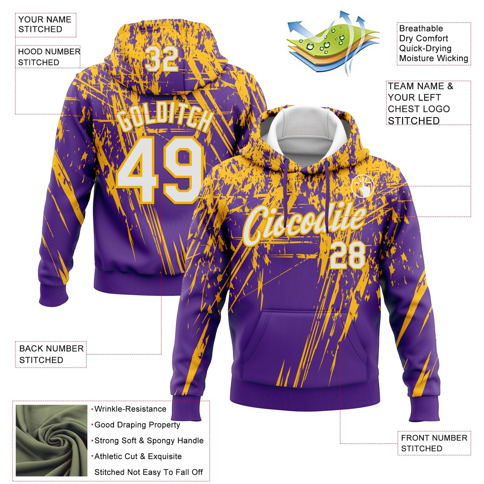 Custom Stitched Purple White-Gold 3D Pattern Design Splash Grunge Art Sports Pullover Sweatshirt Hoodie view 2