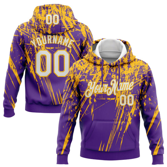 Custom Stitched Purple White-Gold 3D Pattern Design Splash Grunge Art Sports Pullover Sweatshirt Hoodie - Main View