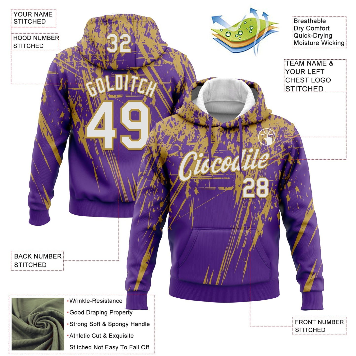 Custom Stitched Purple White-Old Gold 3D Pattern Design Splash Grunge Art Sports Pullover Sweatshirt Hoodie view 2