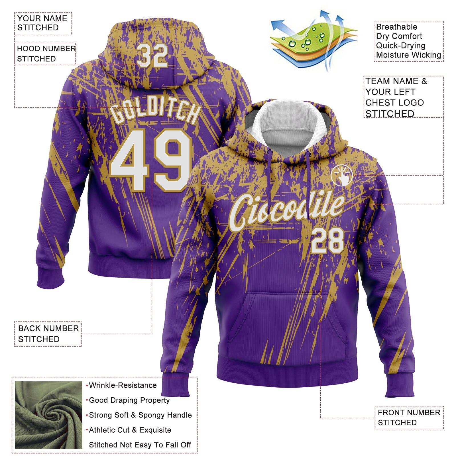 Custom Stitched Purple White-Old Gold 3D Pattern Design Splash Grunge Art Sports Pullover Sweatshirt Hoodie view 2