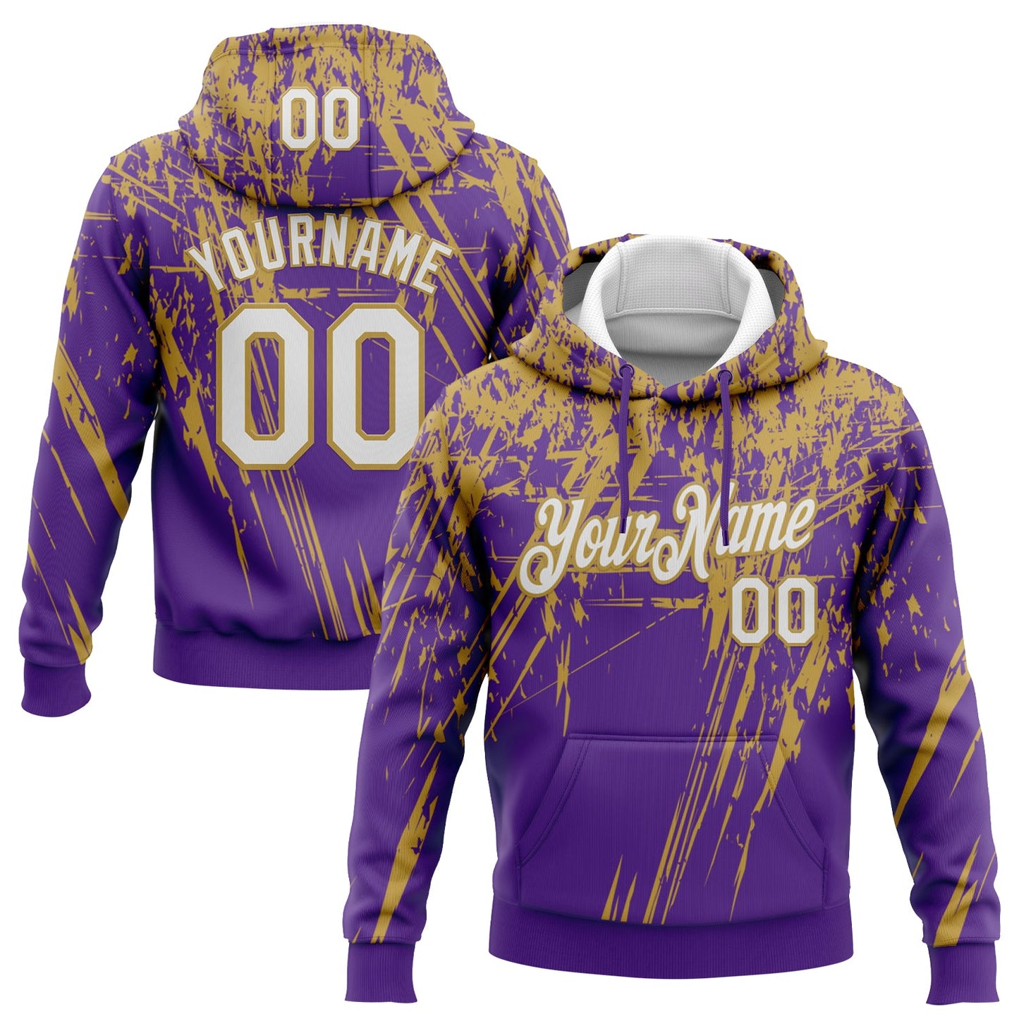 Custom Stitched Purple White-Old Gold 3D Pattern Design Splash Grunge Art Sports Pullover Sweatshirt Hoodie - Main View