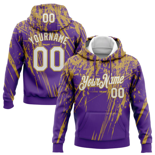 Custom Stitched Purple White-Old Gold 3D Pattern Design Splash Grunge Art Sports Pullover Sweatshirt Hoodie - Main View