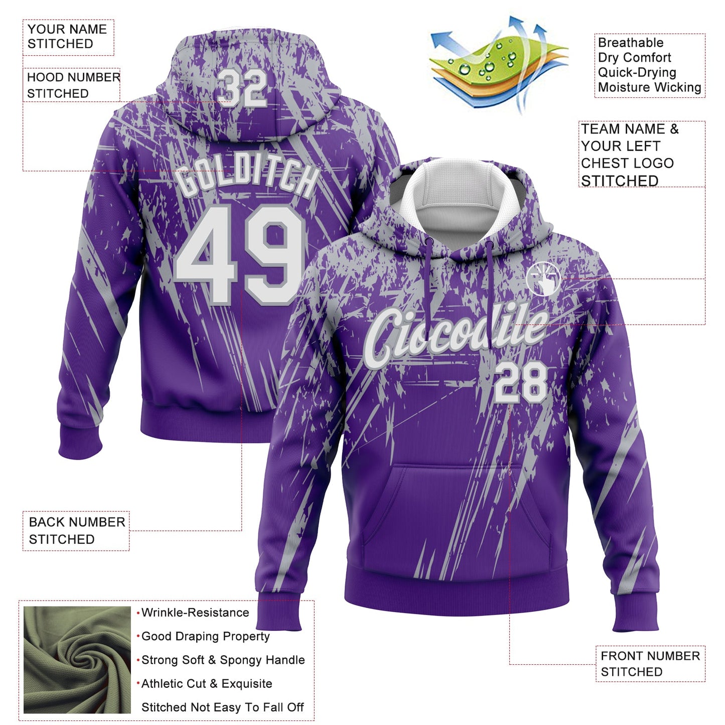Custom Stitched Purple White-Gray 3D Pattern Design Splash Grunge Art Sports Pullover Sweatshirt Hoodie view 2