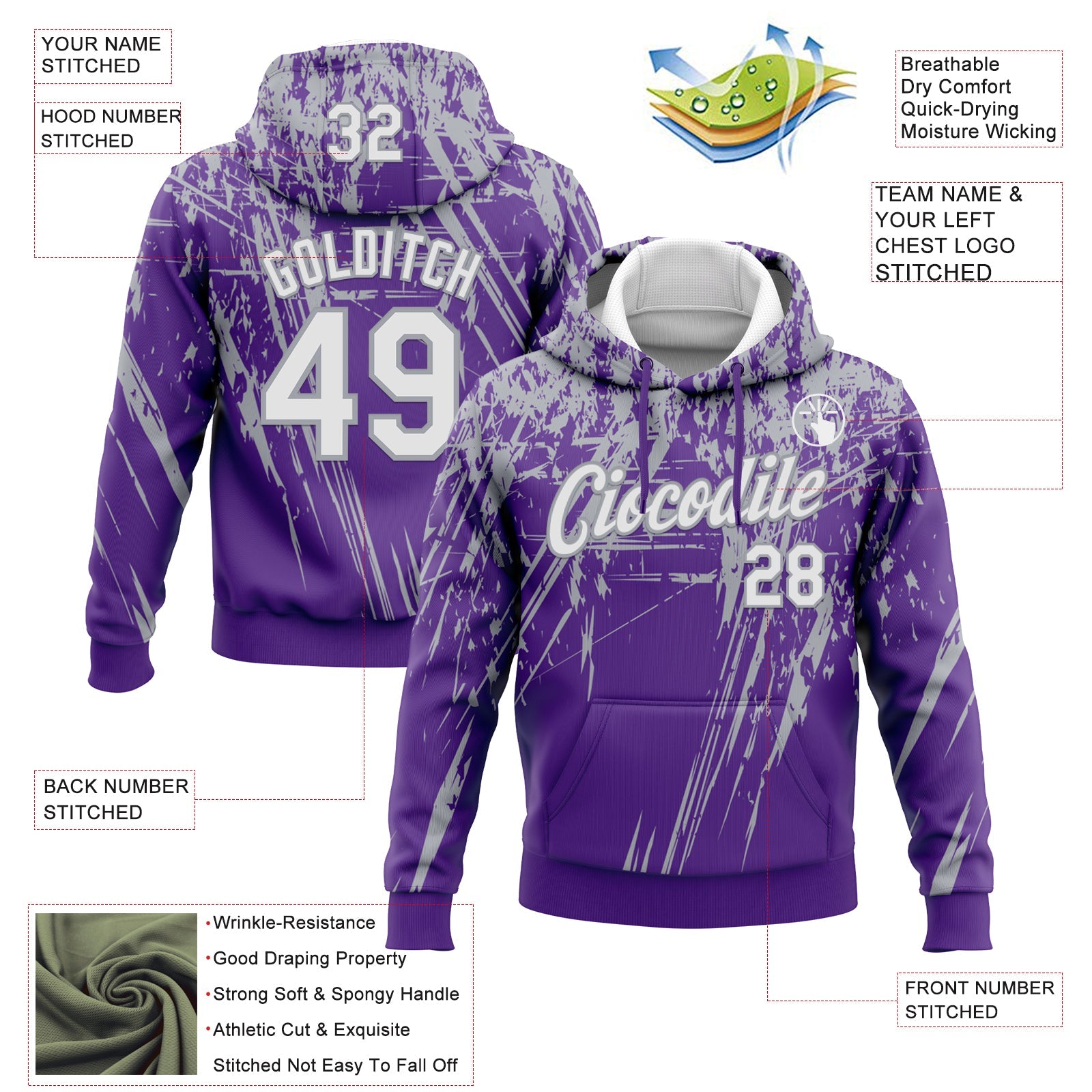 Custom Stitched Purple White-Gray 3D Pattern Design Splash Grunge Art Sports Pullover Sweatshirt Hoodie view 2