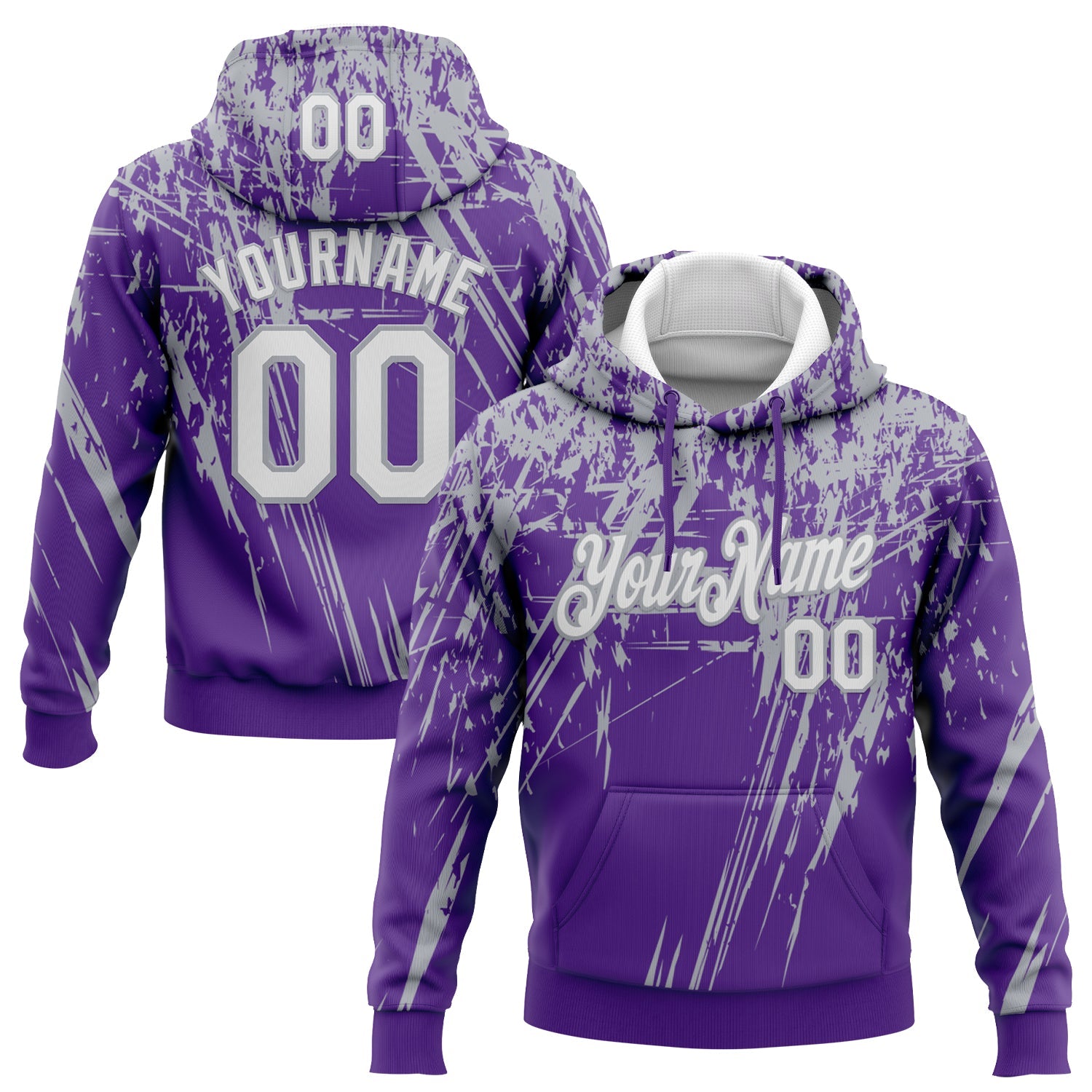 Custom Stitched Purple White-Gray 3D Pattern Design Splash Grunge Art Sports Pullover Sweatshirt Hoodie - Main View