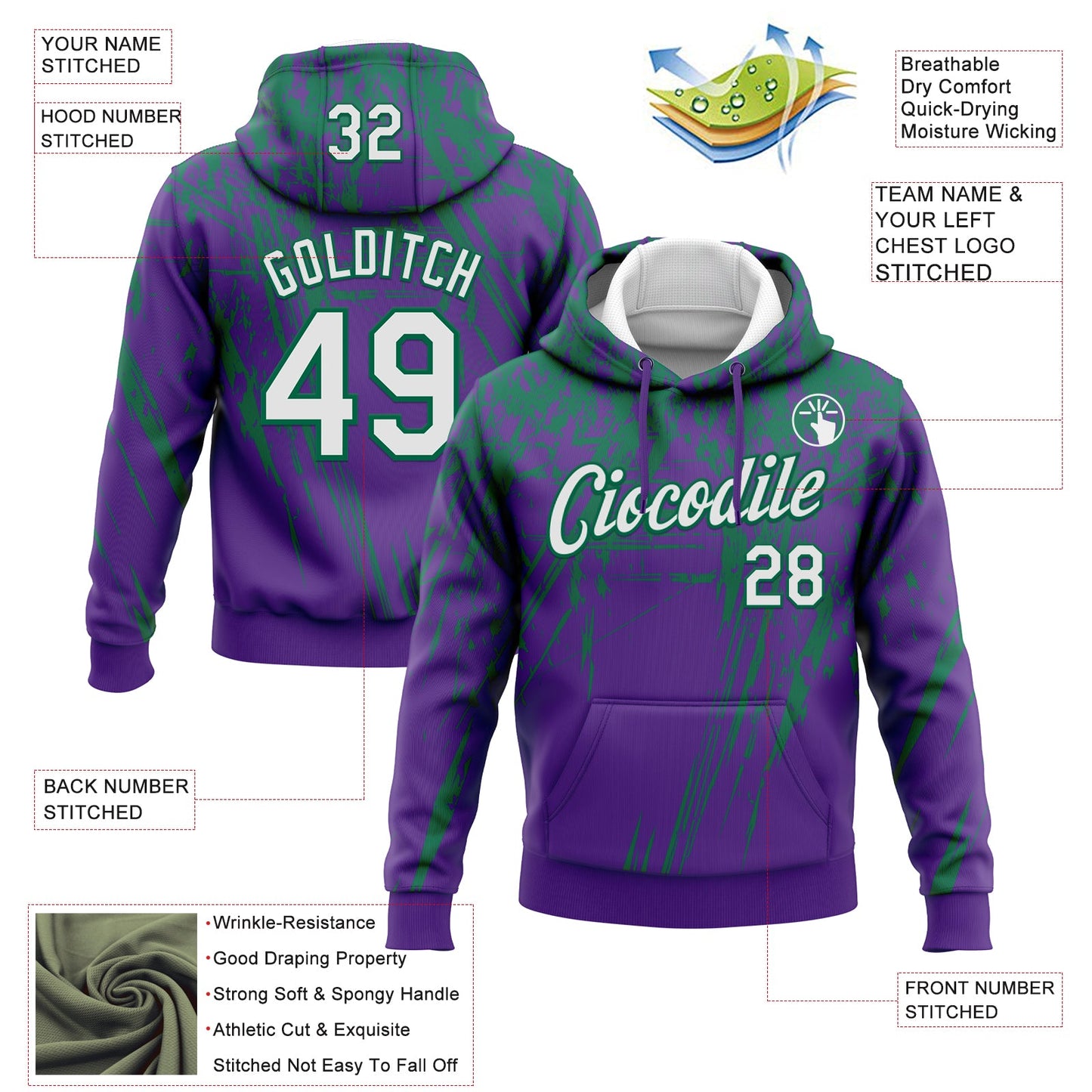Custom Stitched Purple White-Kelly Green 3D Pattern Design Splash Grunge Art Sports Pullover Sweatshirt Hoodie view 2
