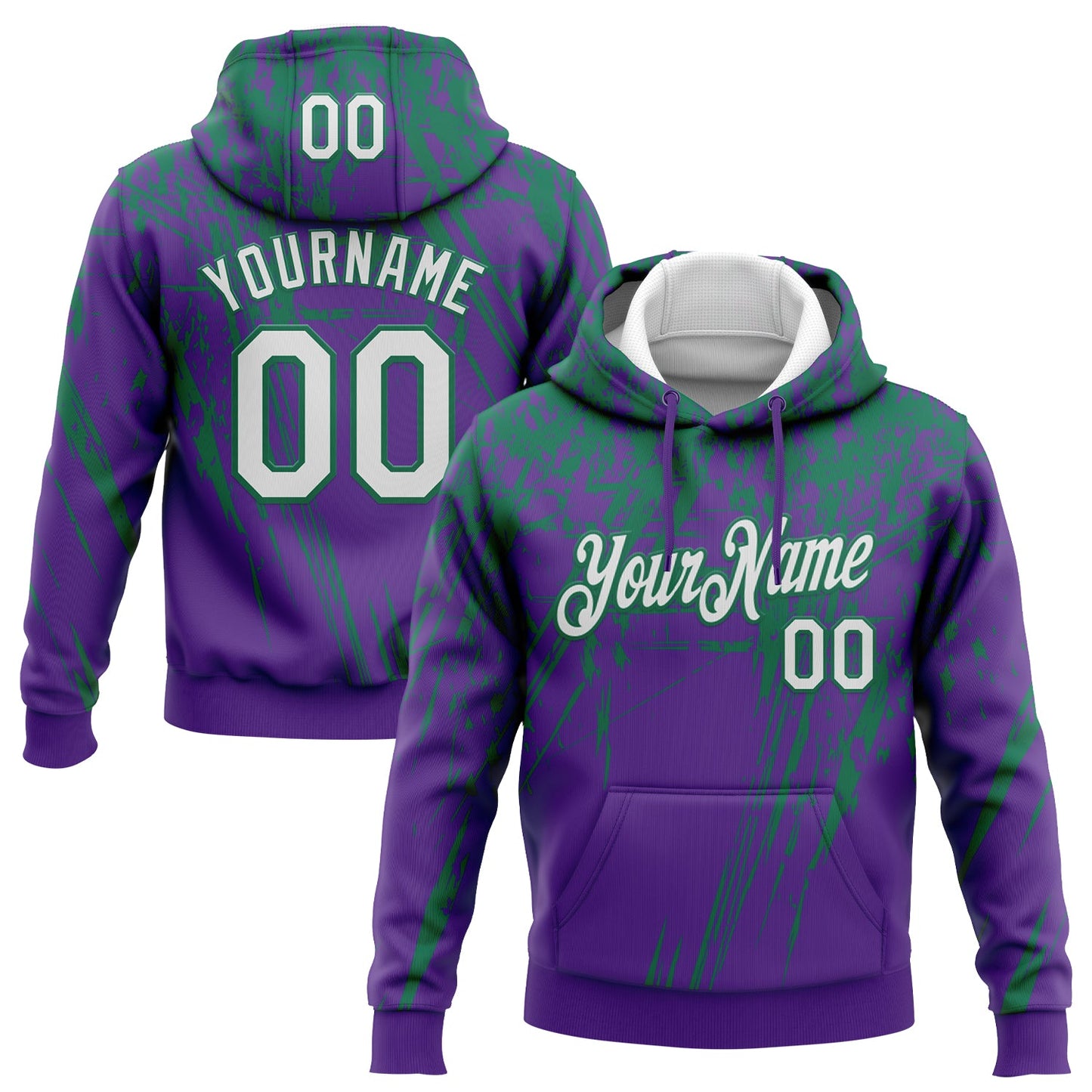 Custom Stitched Purple White-Kelly Green 3D Pattern Design Splash Grunge Art Sports Pullover Sweatshirt Hoodie - Main View