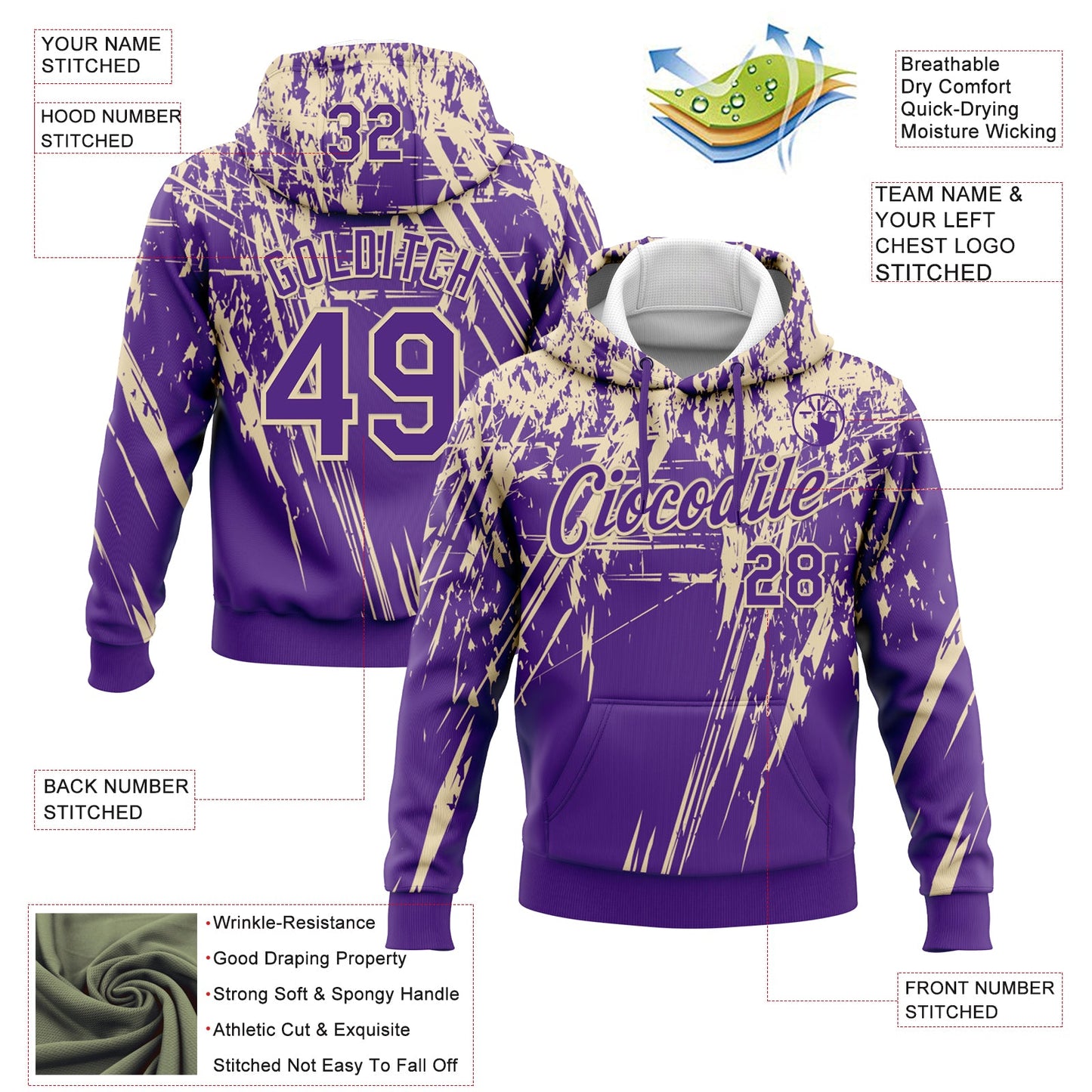Custom Stitched Purple Cream 3D Pattern Design Splash Grunge Art Sports Pullover Sweatshirt Hoodie view 2