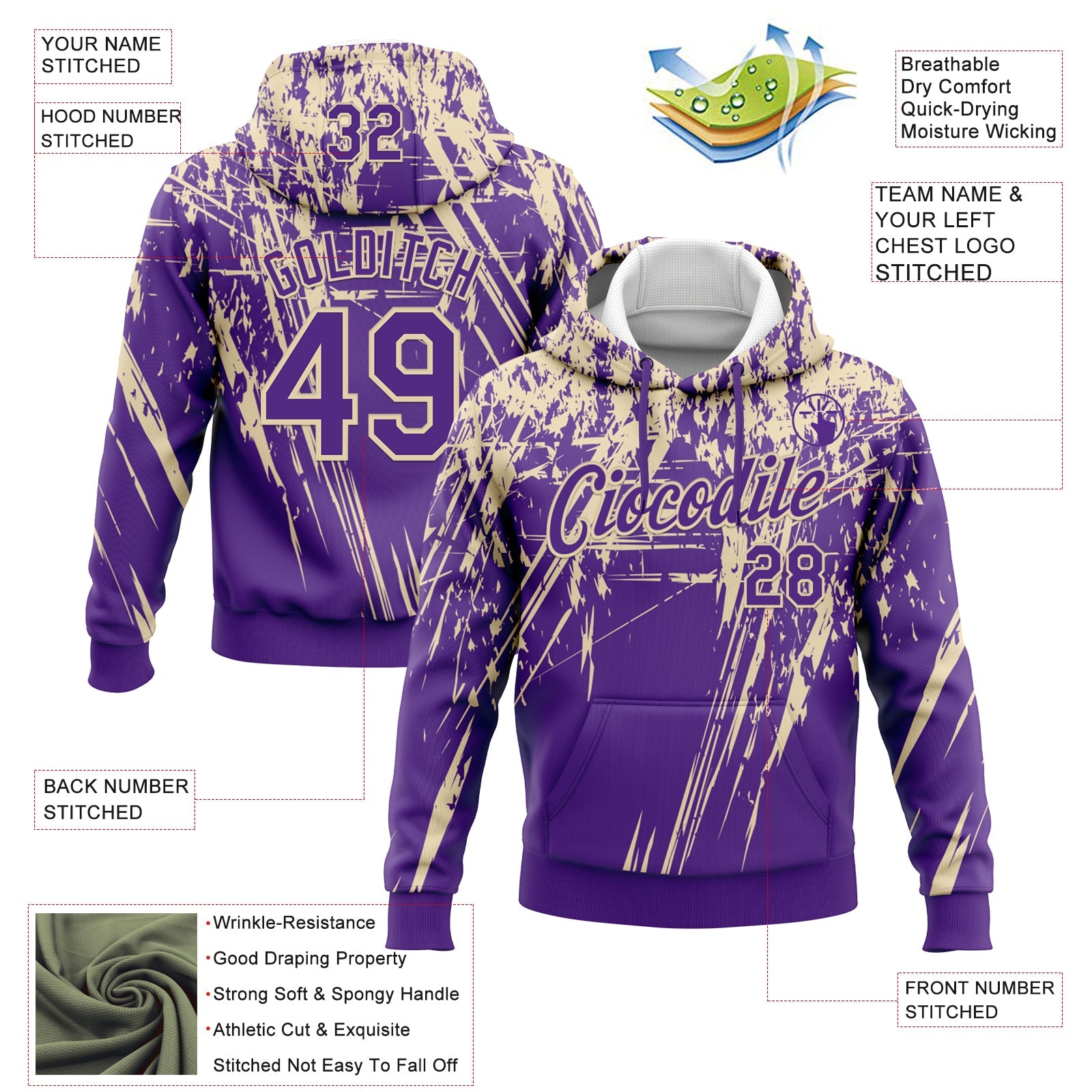 Custom Stitched Purple Cream 3D Pattern Design Splash Grunge Art Sports Pullover Sweatshirt Hoodie view 2