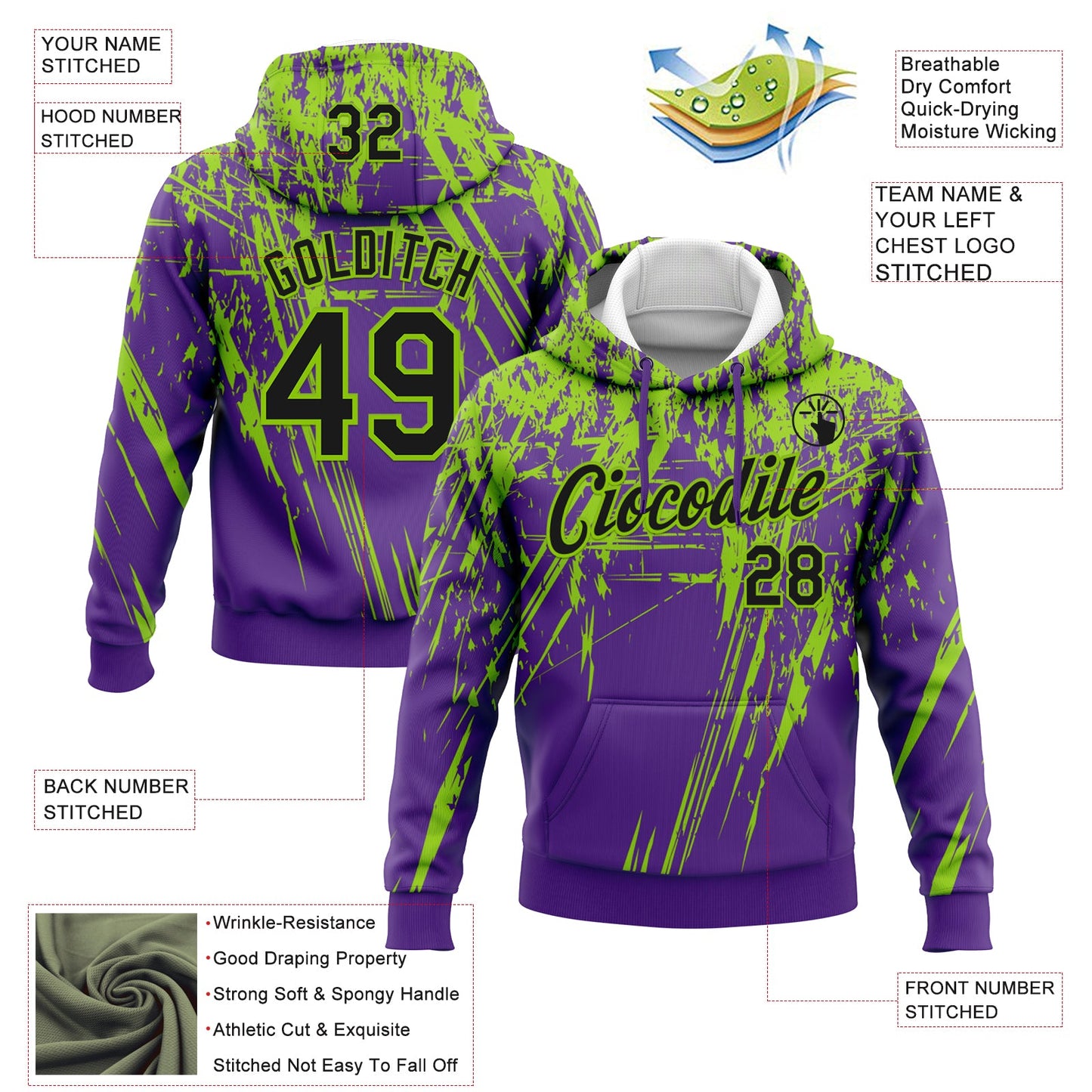Custom Stitched Purple Black-Neon Green 3D Pattern Design Splash Grunge Art Sports Pullover Sweatshirt Hoodie view 2