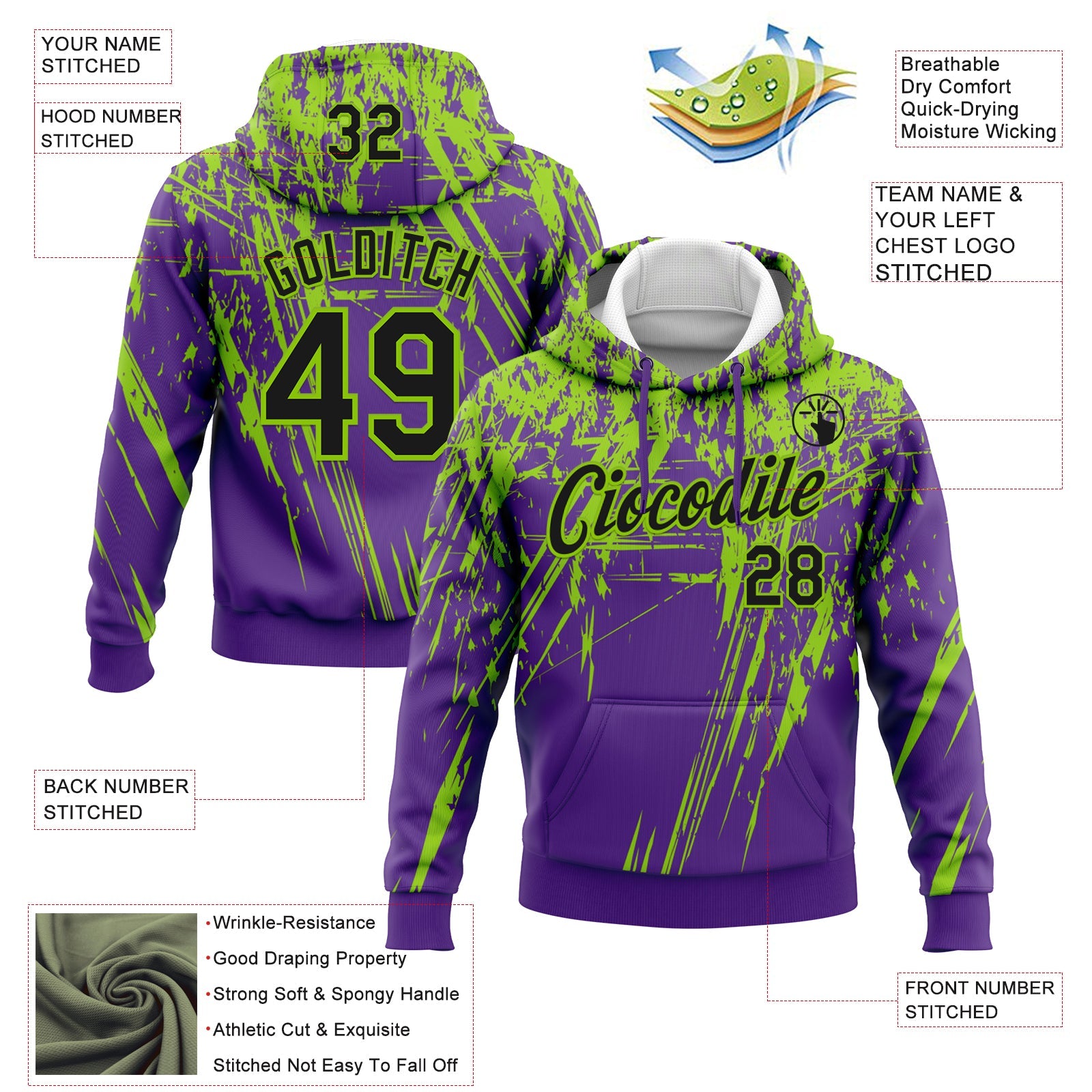 Custom Stitched Purple Black-Neon Green 3D Pattern Design Splash Grunge Art Sports Pullover Sweatshirt Hoodie view 2