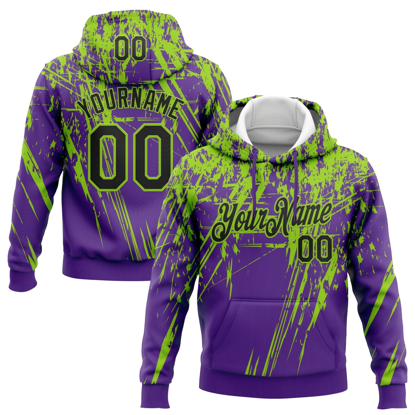 Custom Stitched Purple Black-Neon Green 3D Pattern Design Splash Grunge Art Sports Pullover Sweatshirt Hoodie - Main View