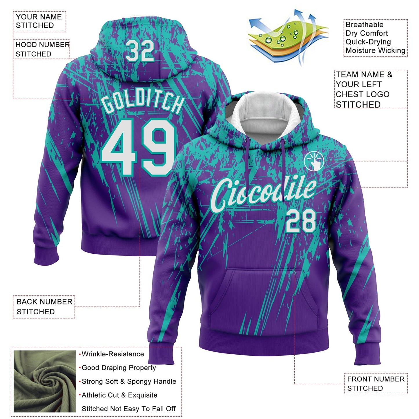 Custom Stitched Purple White-Aqua 3D Pattern Design Splash Grunge Art Sports Pullover Sweatshirt Hoodie view 2