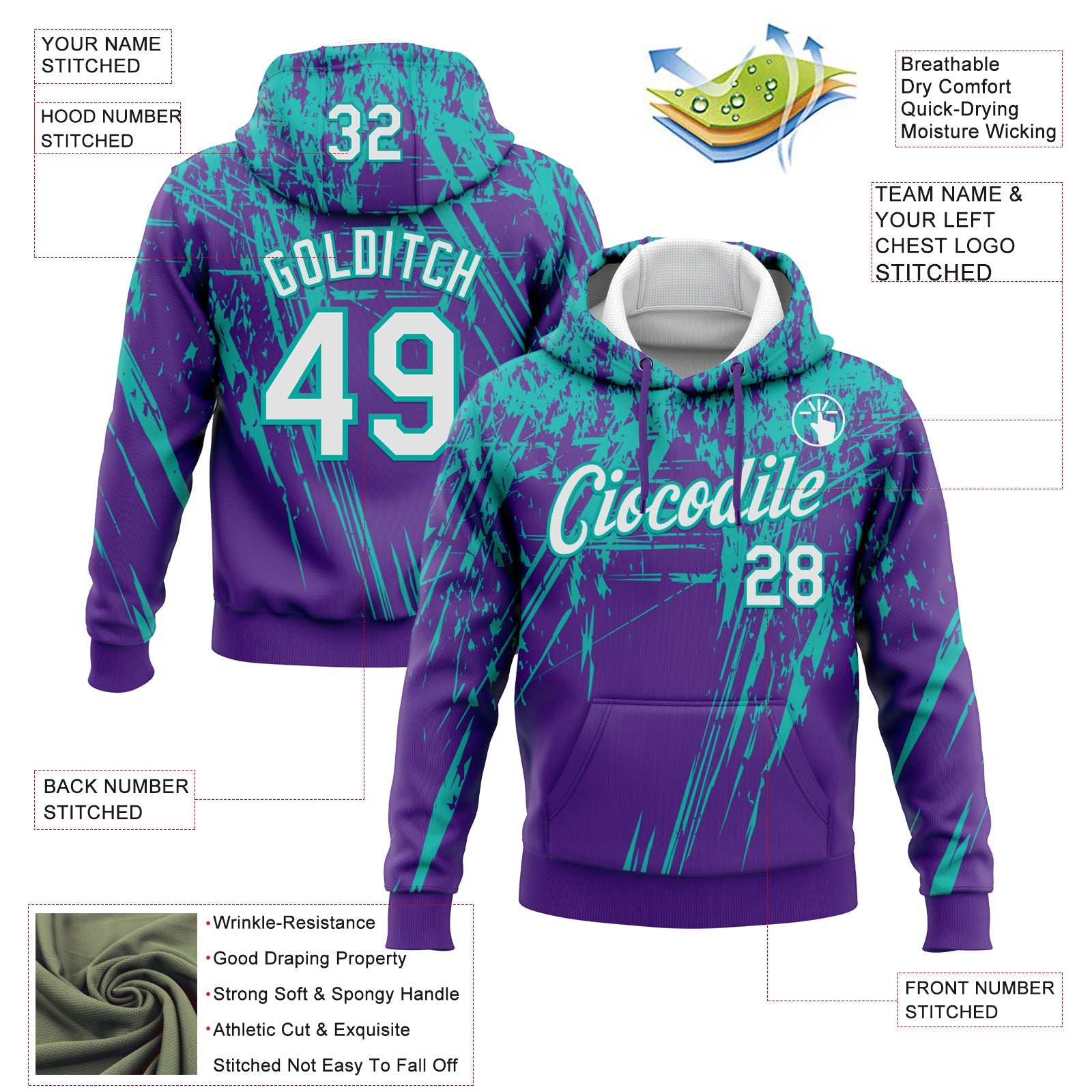 Custom Stitched Purple White-Aqua 3D Pattern Design Splash Grunge Art Sports Pullover Sweatshirt Hoodie view 2