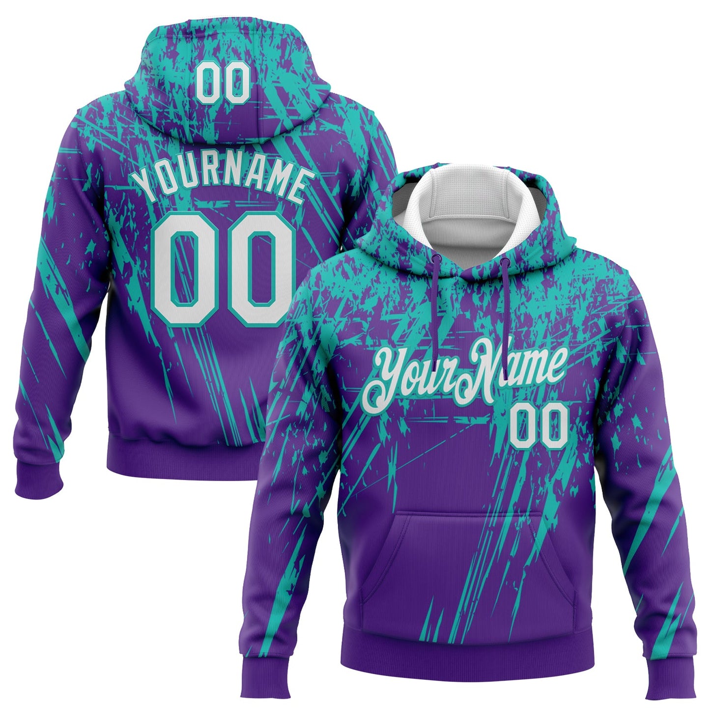 Custom Stitched Purple White-Aqua 3D Pattern Design Splash Grunge Art Sports Pullover Sweatshirt Hoodie - Main View