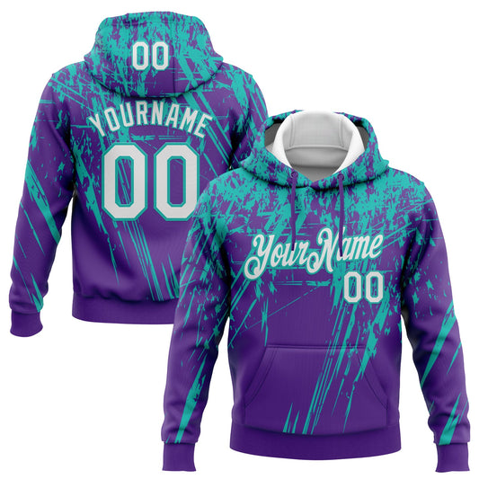 Custom Stitched Purple White-Aqua 3D Pattern Design Splash Grunge Art Sports Pullover Sweatshirt Hoodie - Main View