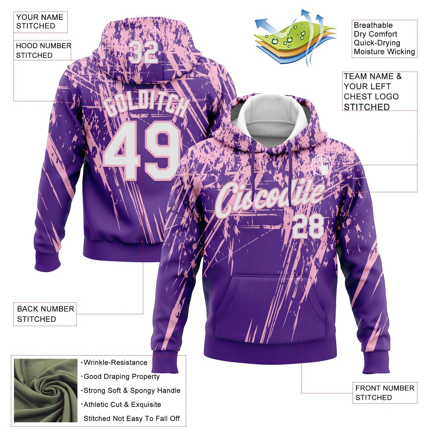 Custom Stitched Purple White-Light Pink 3D Pattern Design Splash Grunge Art Sports Pullover Sweatshirt Hoodie view 2