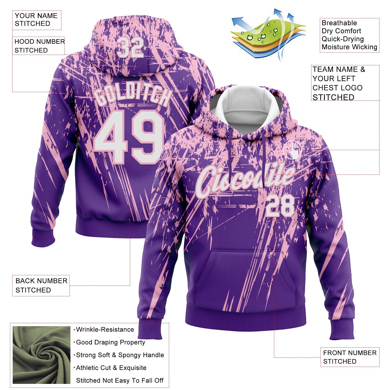 Custom Stitched Purple White-Light Pink 3D Pattern Design Splash Grunge Art Sports Pullover Sweatshirt Hoodie view 2