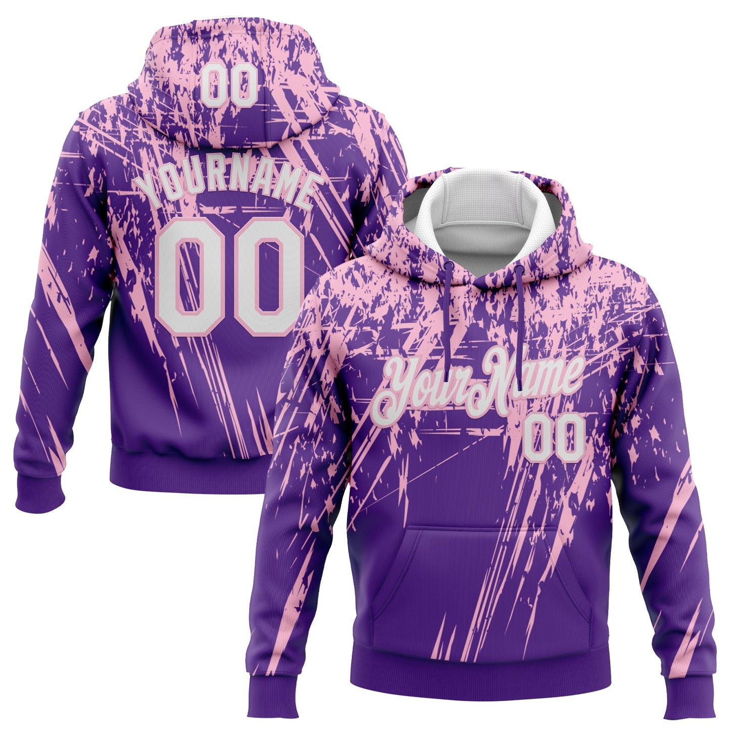 Custom Stitched Purple White-Light Pink 3D Pattern Design Splash Grunge Art Sports Pullover Sweatshirt Hoodie - Main View