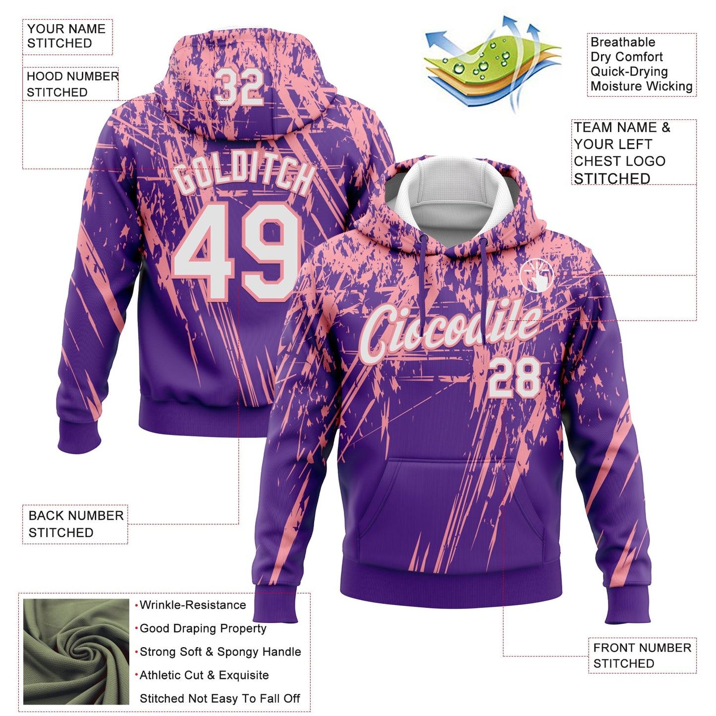 Custom Stitched Purple White-Medium Pink 3D Pattern Design Splash Grunge Art Sports Pullover Sweatshirt Hoodie view 2