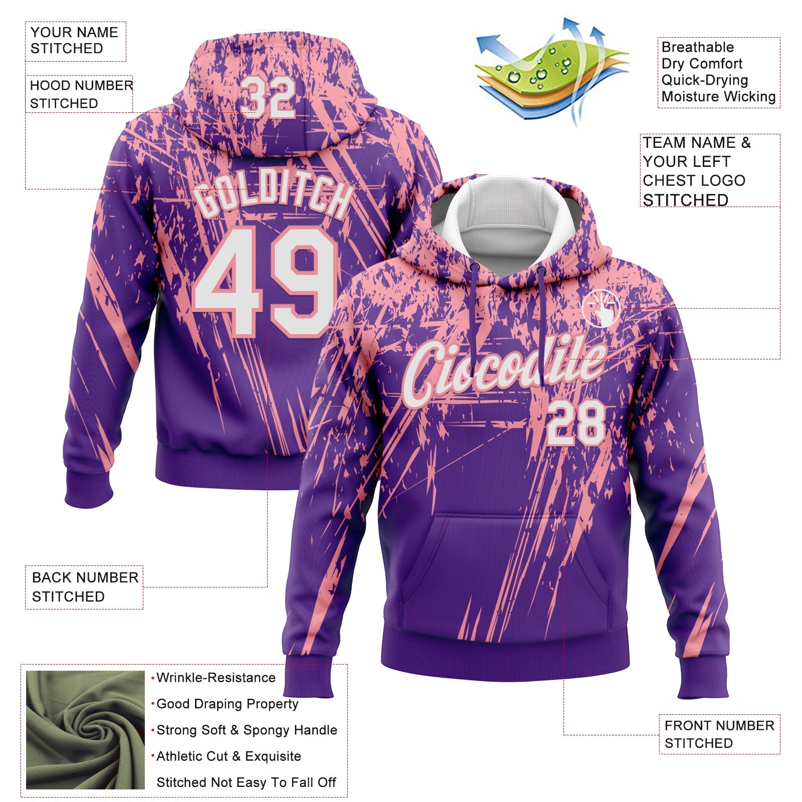 Custom Stitched Purple White-Medium Pink 3D Pattern Design Splash Grunge Art Sports Pullover Sweatshirt Hoodie view 2