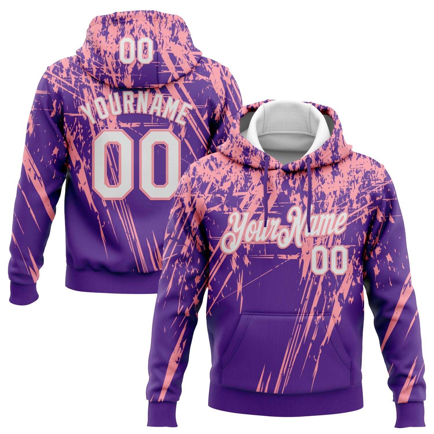 Custom Stitched Purple White-Medium Pink 3D Pattern Design Splash Grunge Art Sports Pullover Sweatshirt Hoodie - Main View