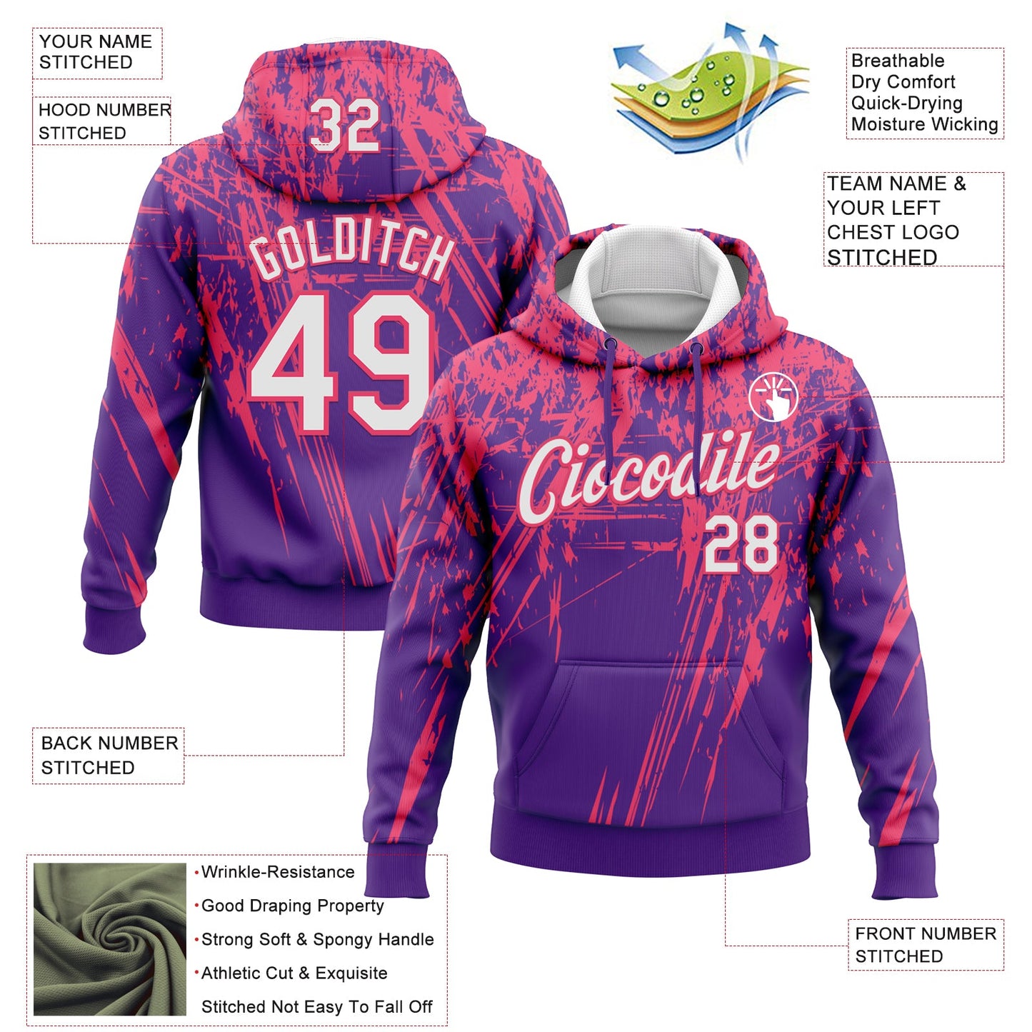 Custom Stitched Purple White-Neon Pink 3D Pattern Design Splash Grunge Art Sports Pullover Sweatshirt Hoodie view 2
