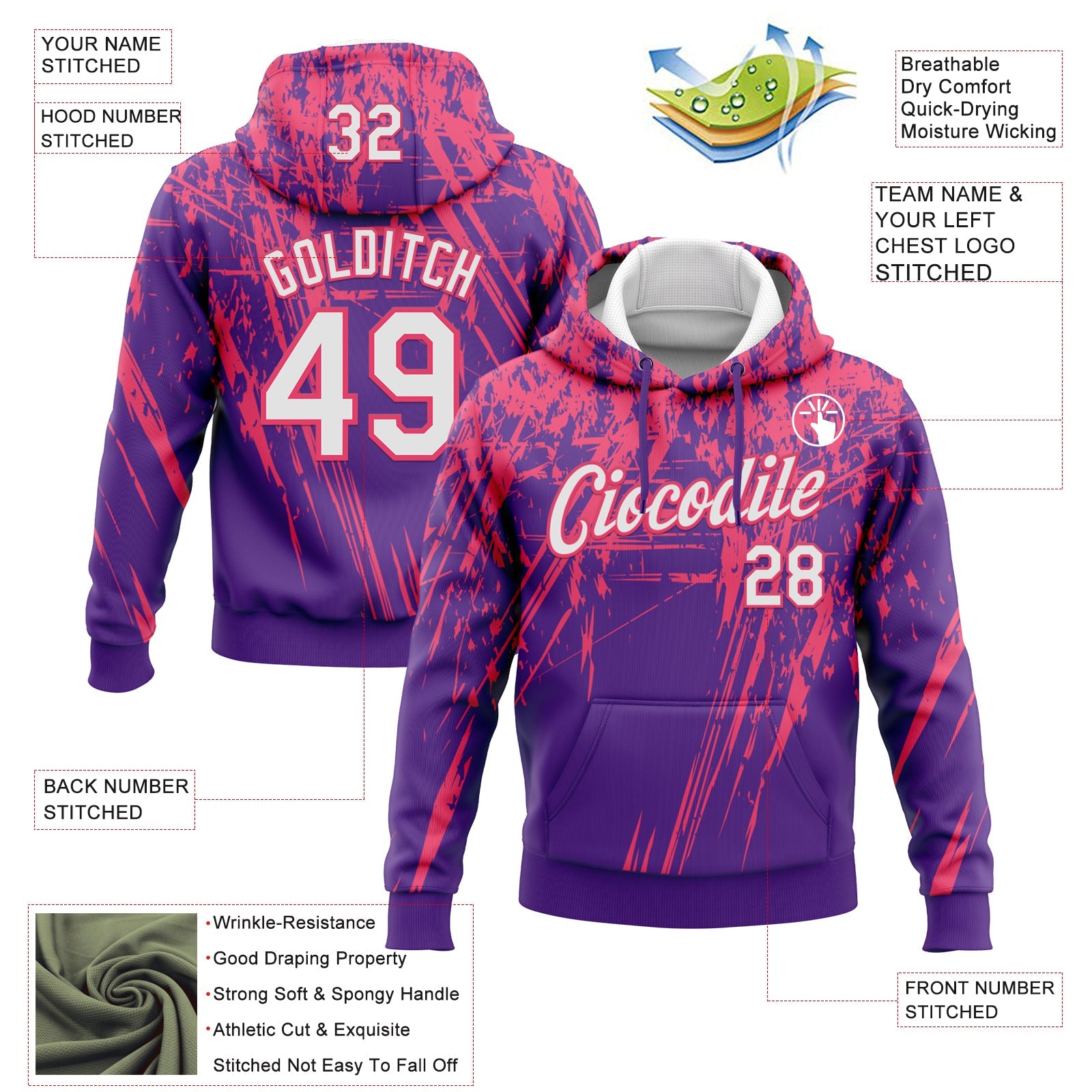 Custom Stitched Purple White-Neon Pink 3D Pattern Design Splash Grunge Art Sports Pullover Sweatshirt Hoodie view 2