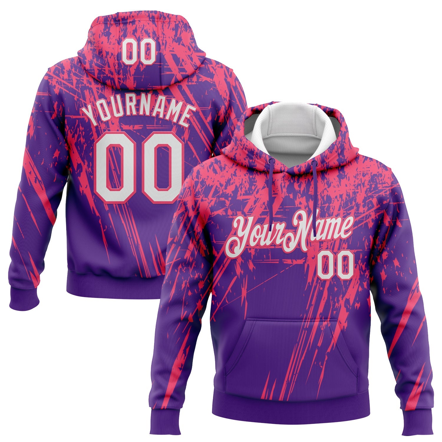 Custom Stitched Purple White-Neon Pink 3D Pattern Design Splash Grunge Art Sports Pullover Sweatshirt Hoodie - Main View