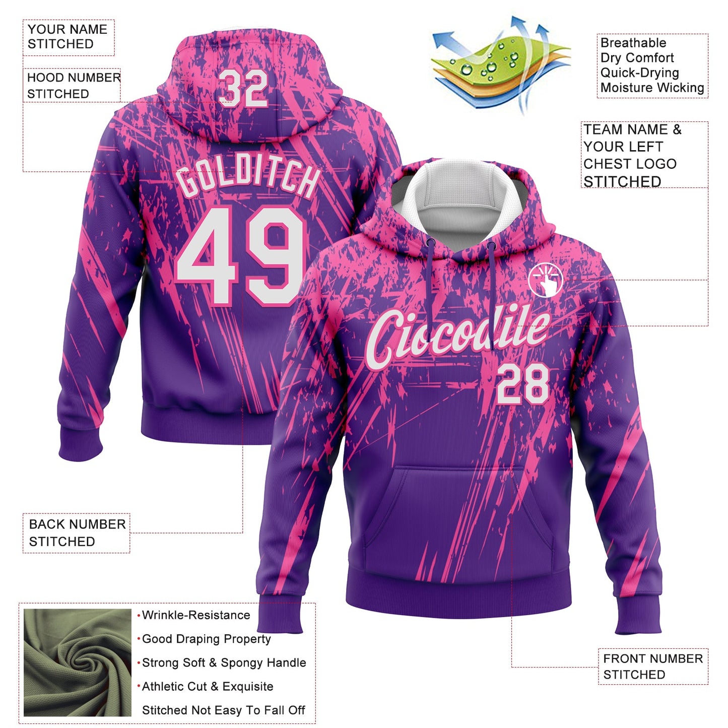 Custom Stitched Purple White-Pink 3D Pattern Design Splash Grunge Art Sports Pullover Sweatshirt Hoodie view 2
