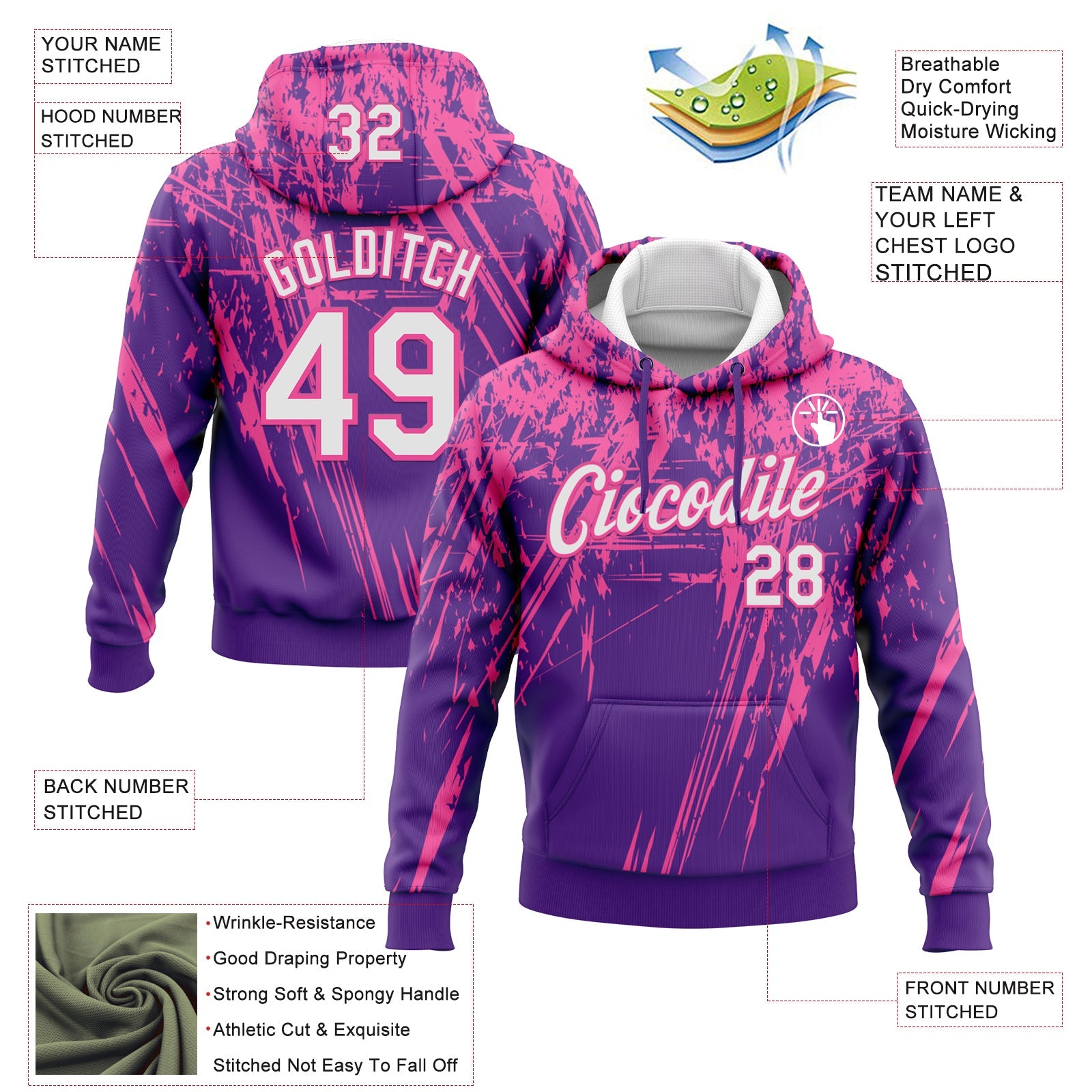 Custom Stitched Purple White-Pink 3D Pattern Design Splash Grunge Art Sports Pullover Sweatshirt Hoodie view 2