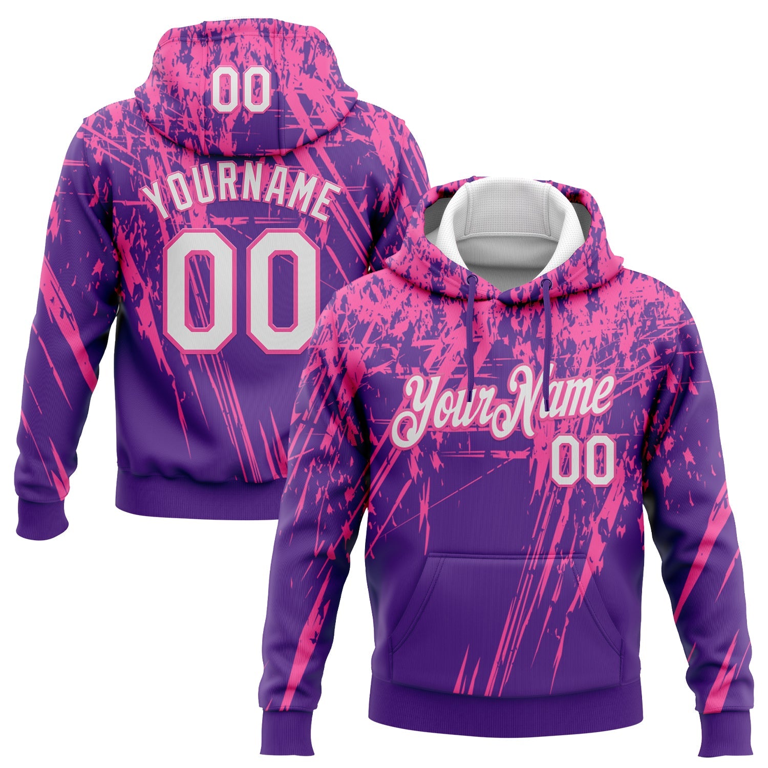 Custom Stitched Purple White-Pink 3D Pattern Design Splash Grunge Art Sports Pullover Sweatshirt Hoodie - Main View