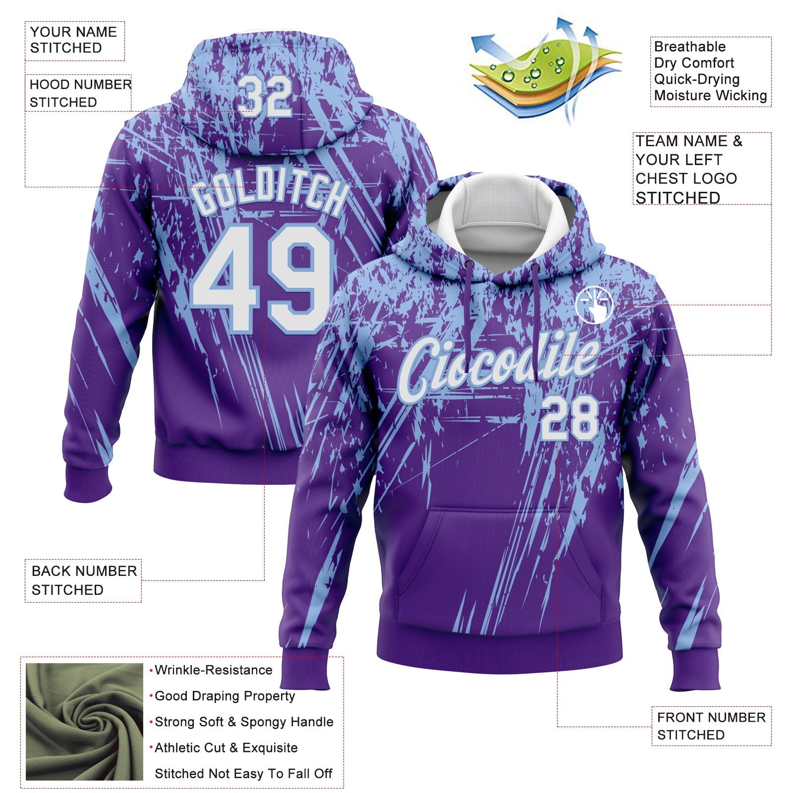 Custom Stitched Purple White-Light Blue 3D Pattern Design Splash Grunge Art Sports Pullover Sweatshirt Hoodie view 2