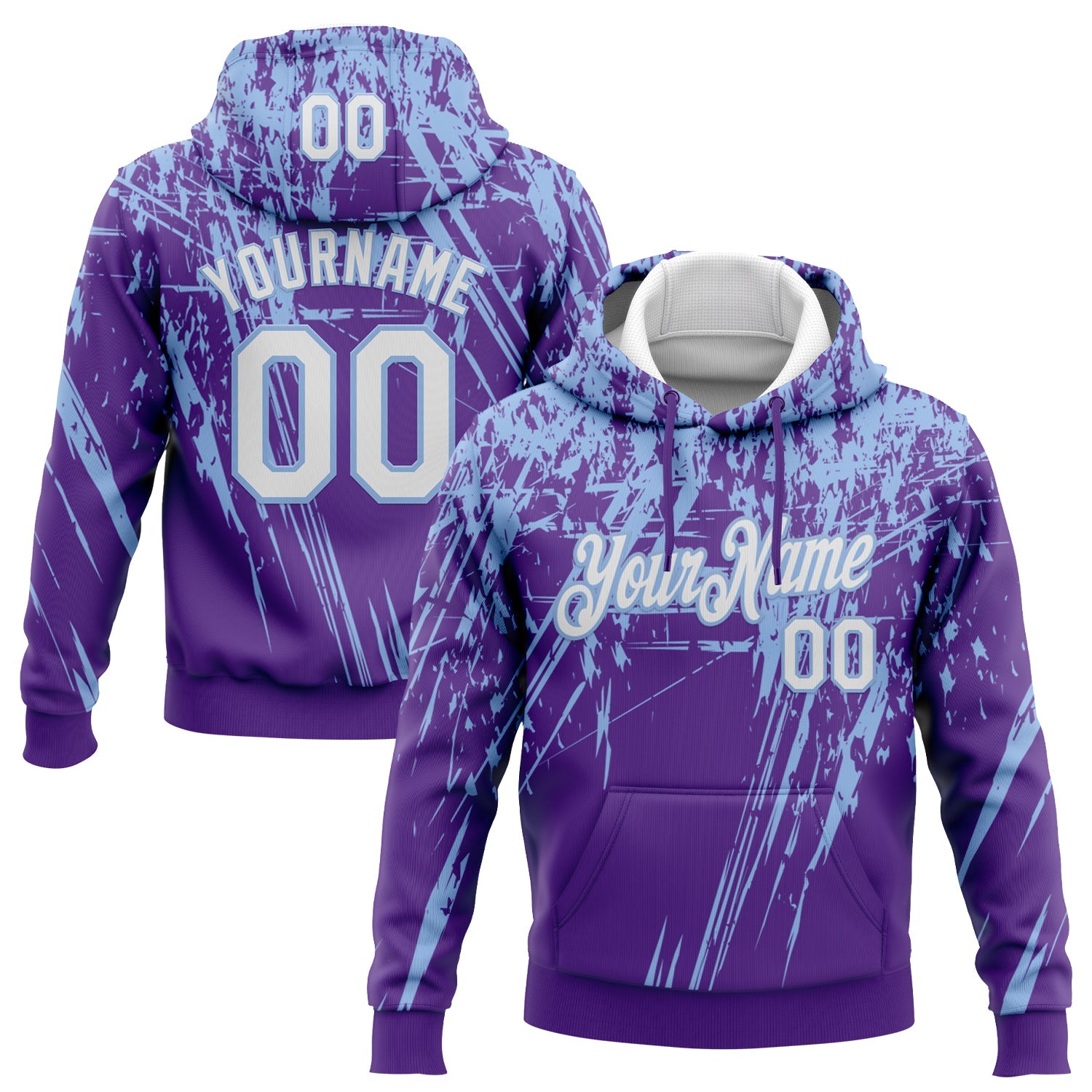 Custom Stitched Purple White-Light Blue 3D Pattern Design Splash Grunge Art Sports Pullover Sweatshirt Hoodie - Main View
