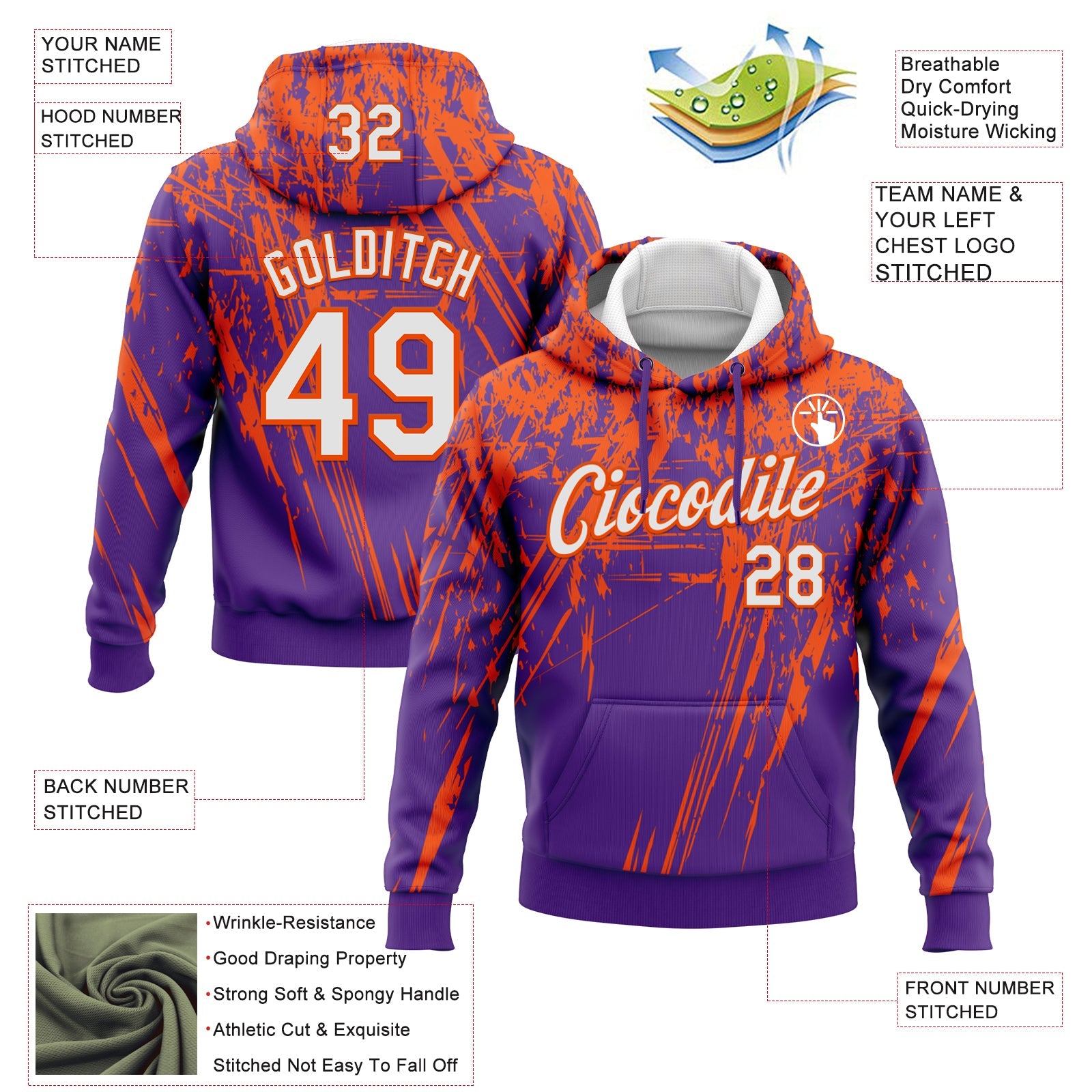 Custom Stitched Purple White-Orange 3D Pattern Design Splash Grunge Art Sports Pullover Sweatshirt Hoodie view 2